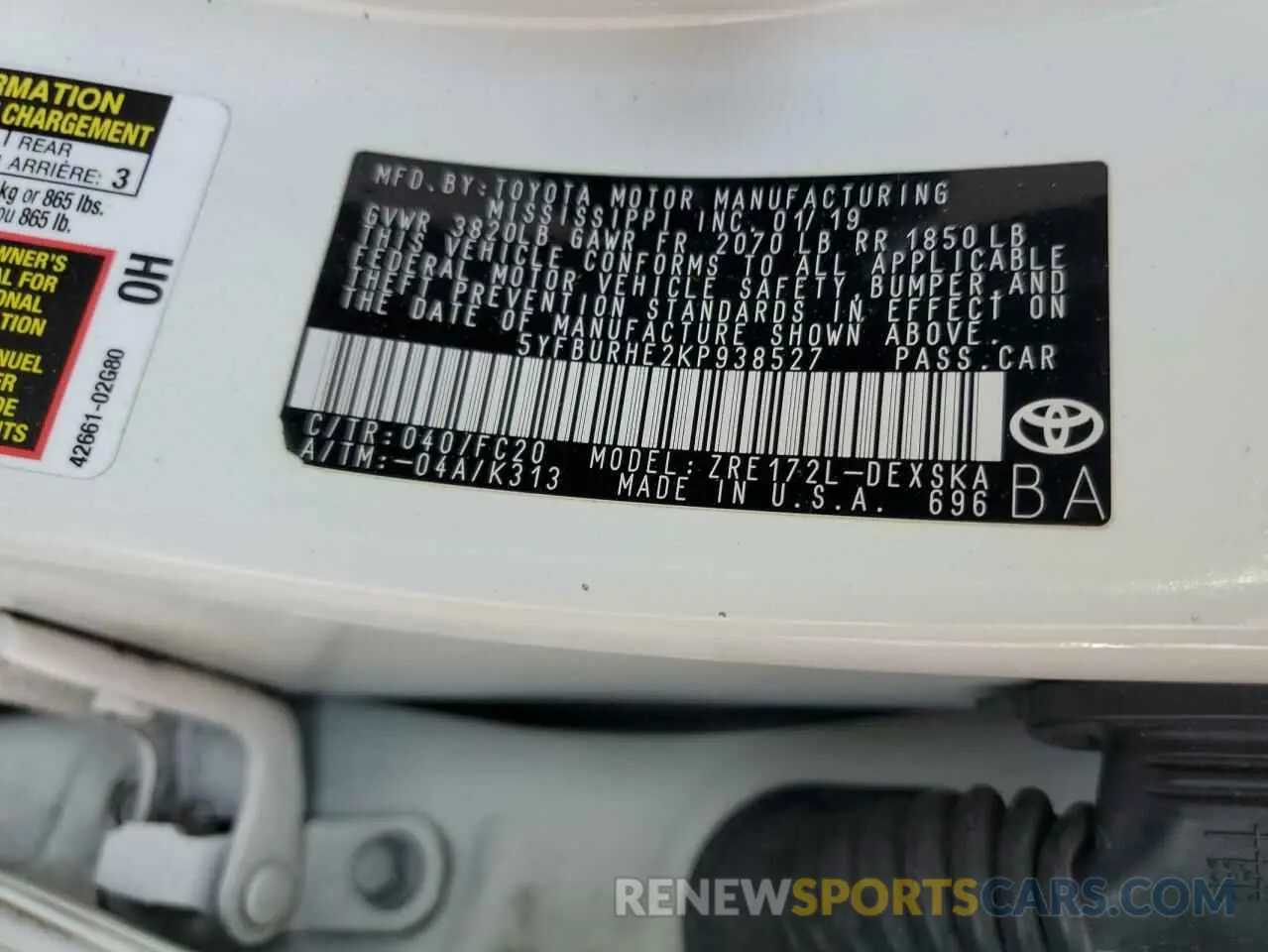12 fotografías del automóvil dañado 5YFBURHE2KP938527 TOYOTA COROLLA 2019