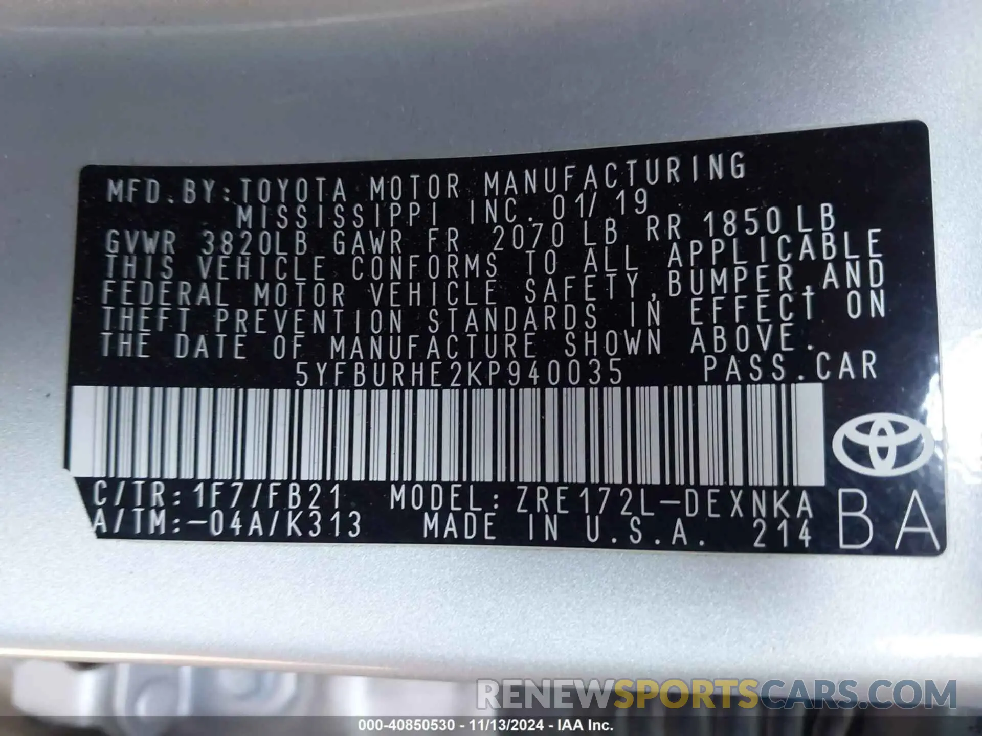 9 fotografías del automóvil dañado 5YFBURHE2KP940035 TOYOTA COROLLA 2019