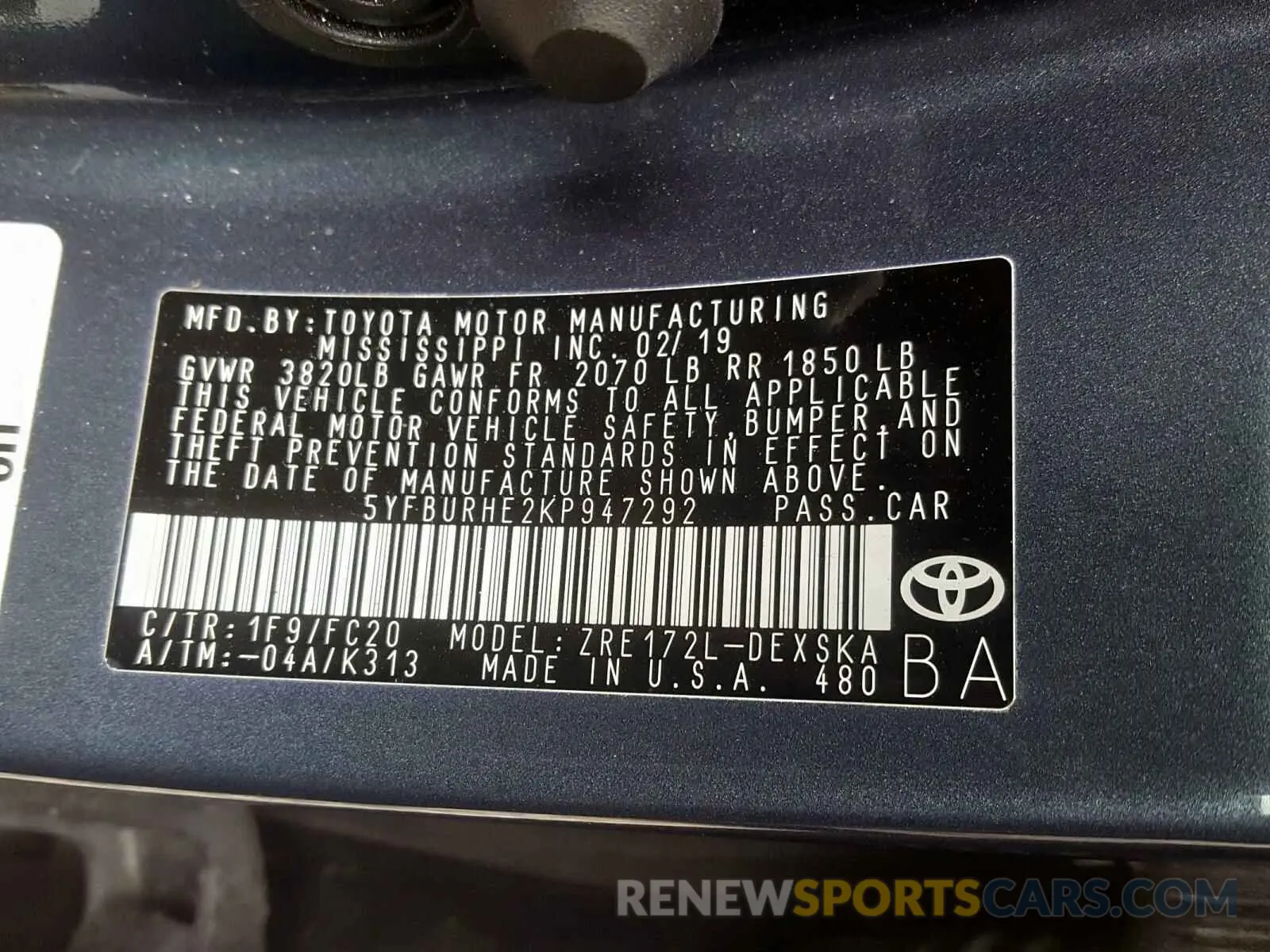 10 fotografías del automóvil dañado 5YFBURHE2KP947292 TOYOTA COROLLA 2019