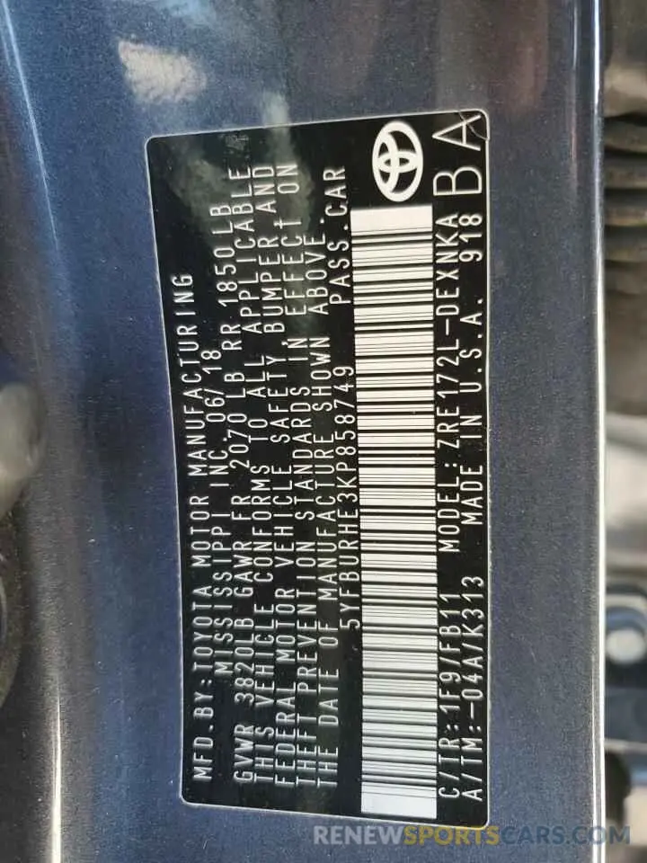 13 fotografías del automóvil dañado 5YFBURHE3KP858749 TOYOTA COROLLA 2019