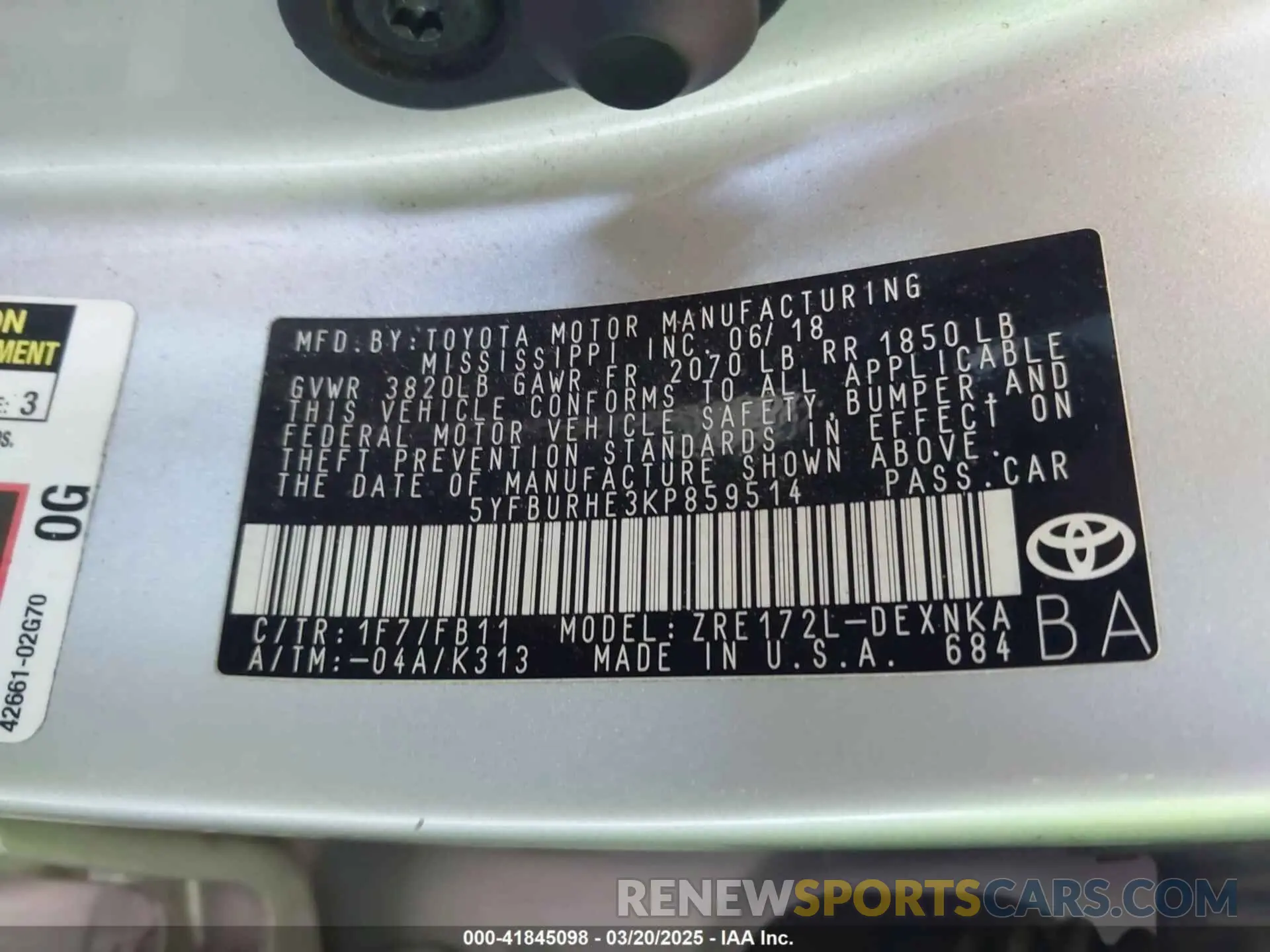 9 fotografías del automóvil dañado 5YFBURHE3KP859514 TOYOTA COROLLA 2019