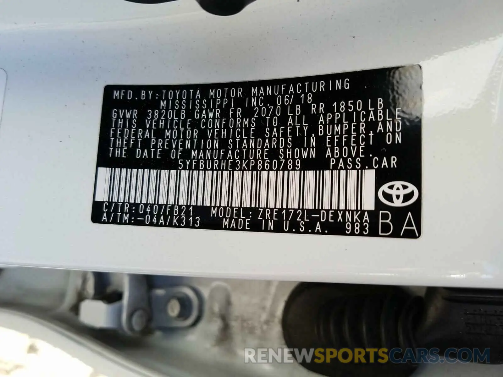 10 fotografías del automóvil dañado 5YFBURHE3KP860789 TOYOTA COROLLA 2019