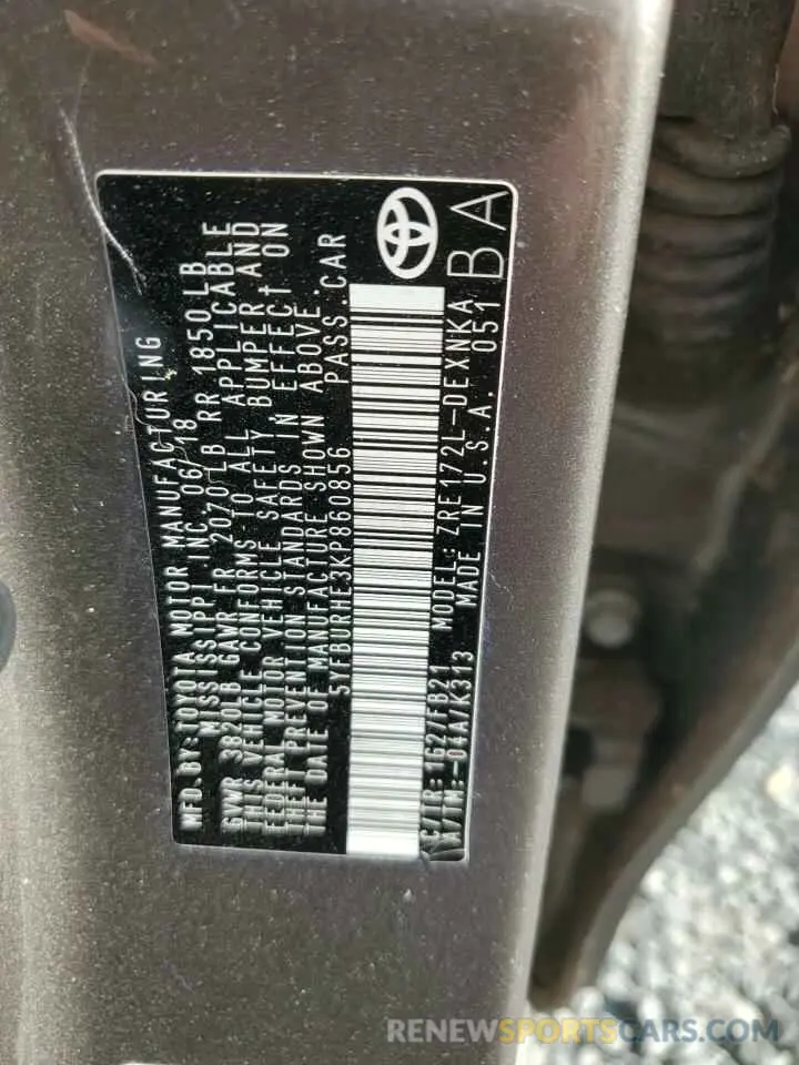12 fotografías del automóvil dañado 5YFBURHE3KP860856 TOYOTA COROLLA 2019