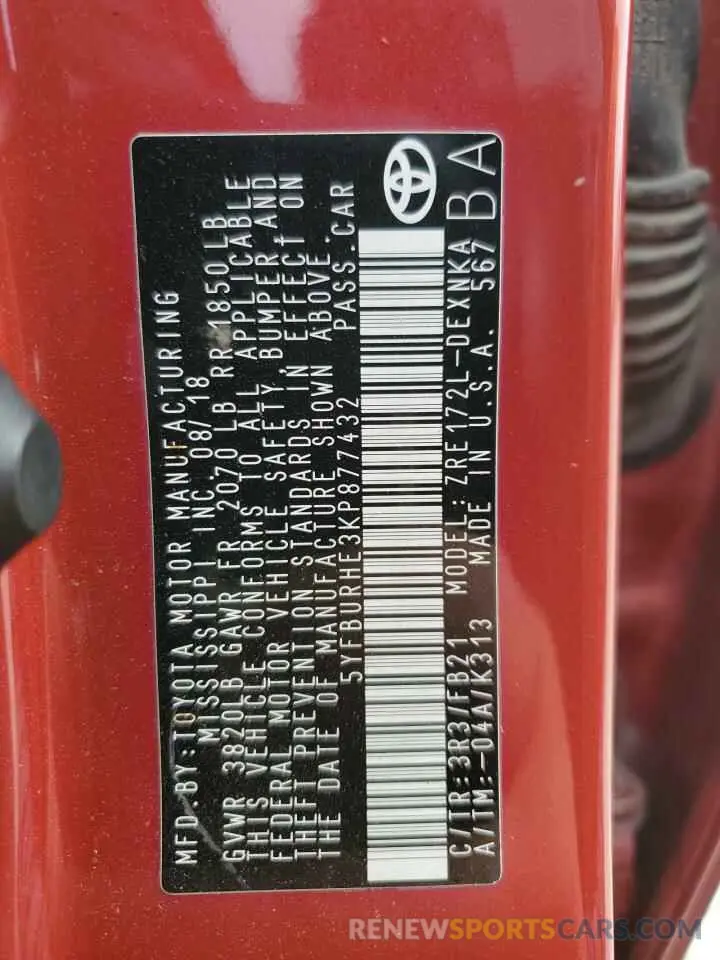 13 fotografías del automóvil dañado 5YFBURHE3KP877432 TOYOTA COROLLA 2019