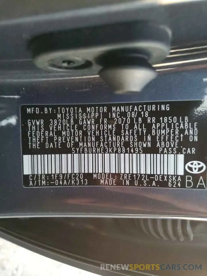 12 fotografías del automóvil dañado 5YFBURHE3KP881495 TOYOTA COROLLA 2019