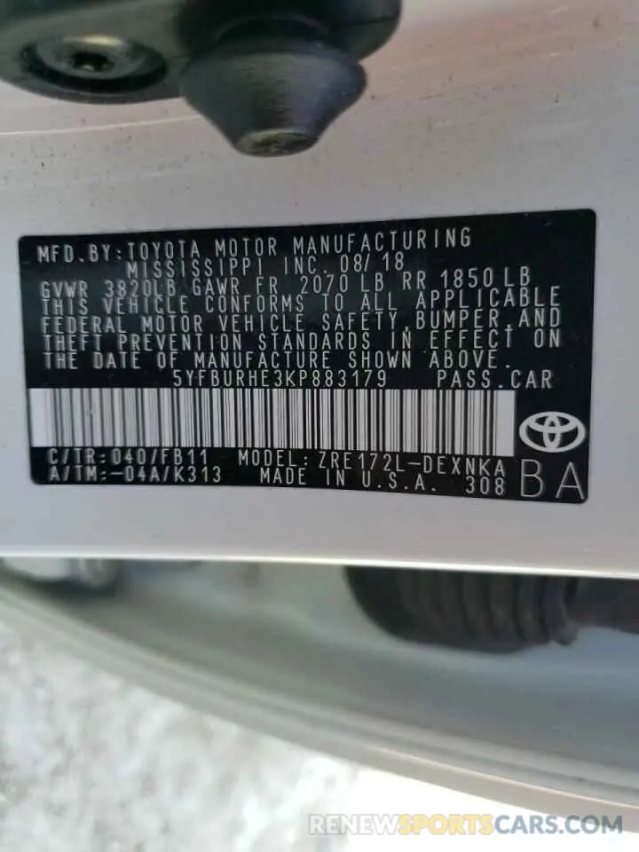 10 fotografías del automóvil dañado 5YFBURHE3KP883179 TOYOTA COROLLA 2019