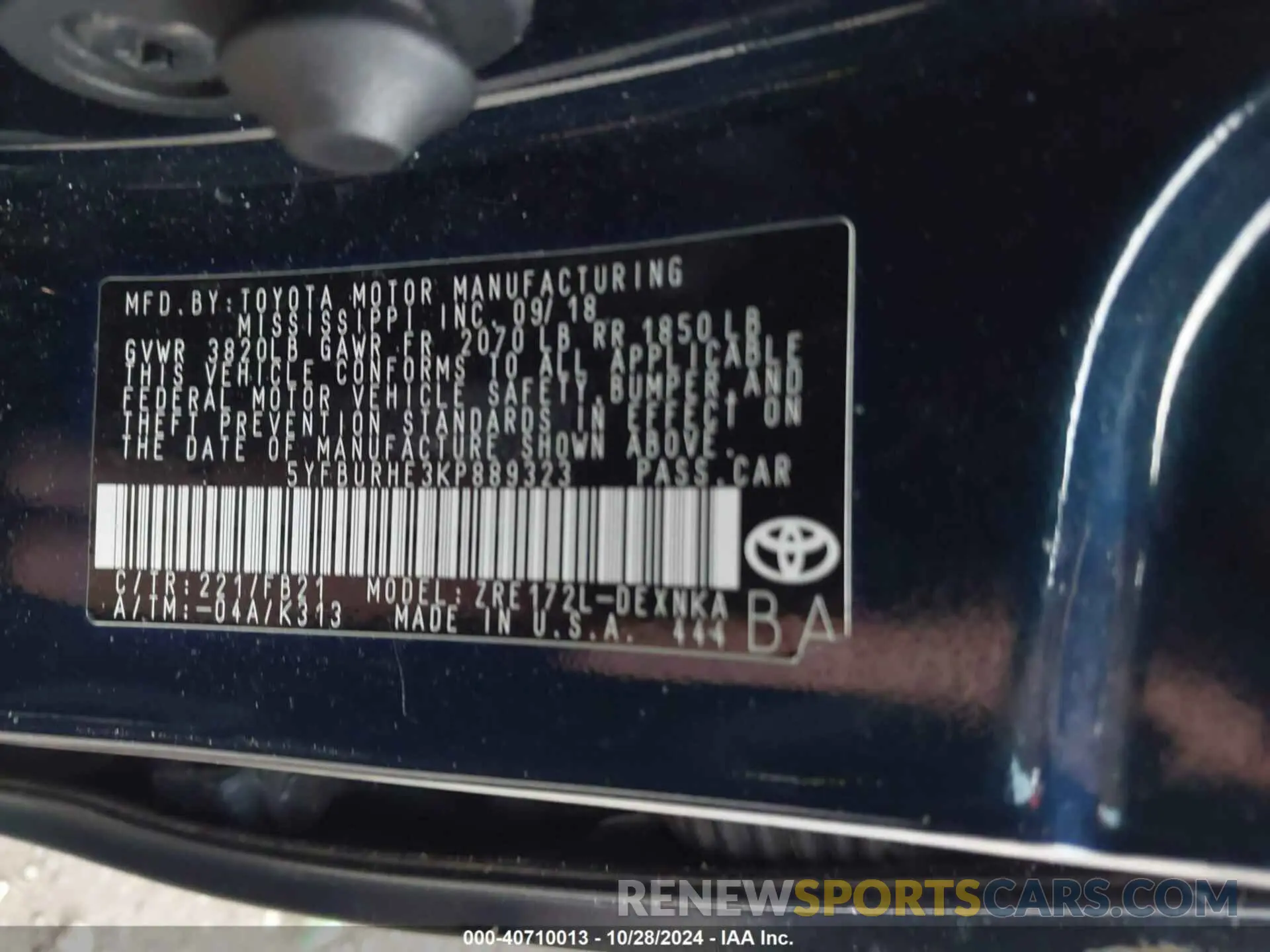 9 fotografías del automóvil dañado 5YFBURHE3KP889323 TOYOTA COROLLA 2019