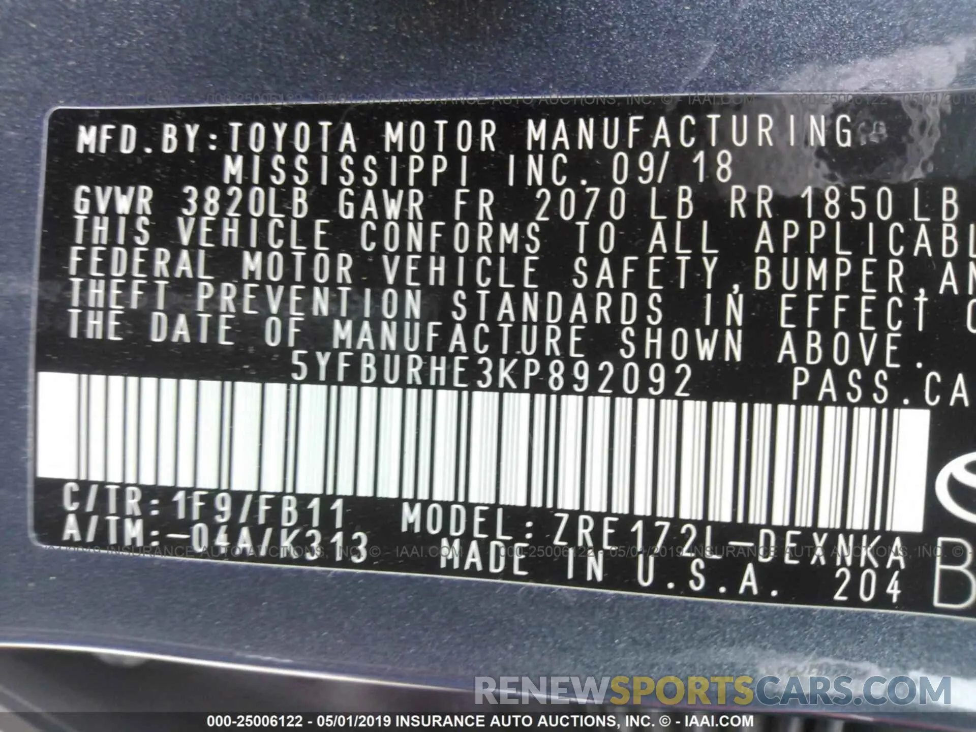 9 fotografías del automóvil dañado 5YFBURHE3KP892092 TOYOTA COROLLA 2019