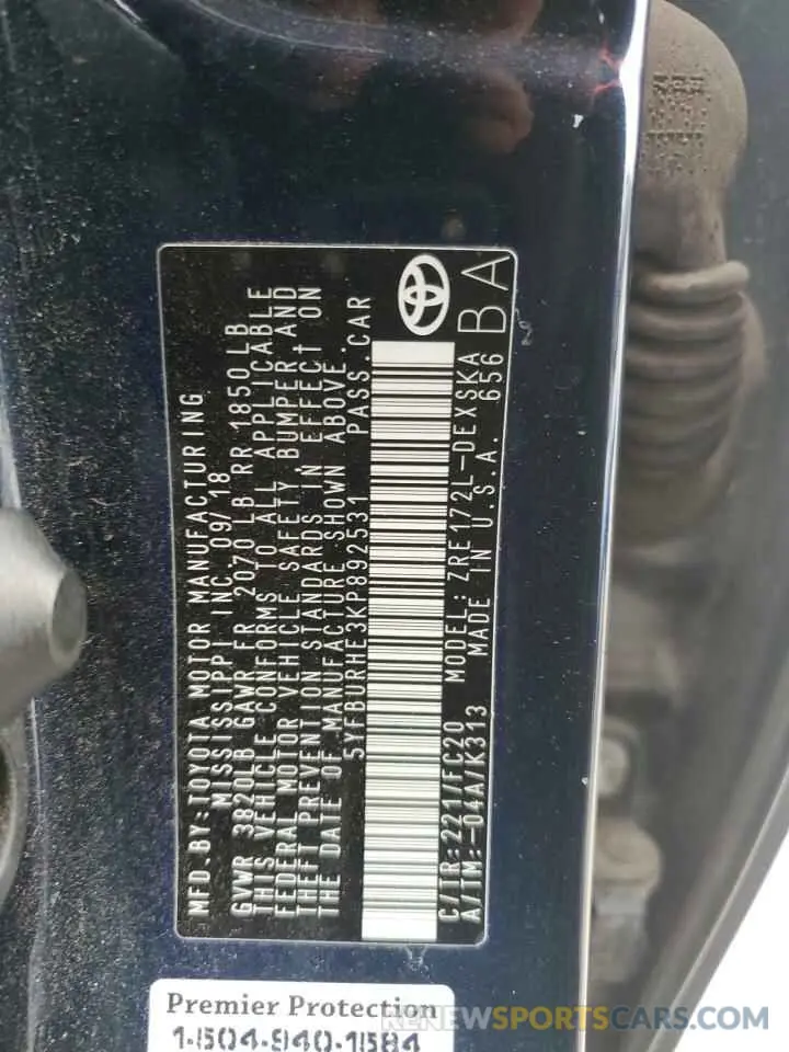 12 fotografías del automóvil dañado 5YFBURHE3KP892531 TOYOTA COROLLA 2019