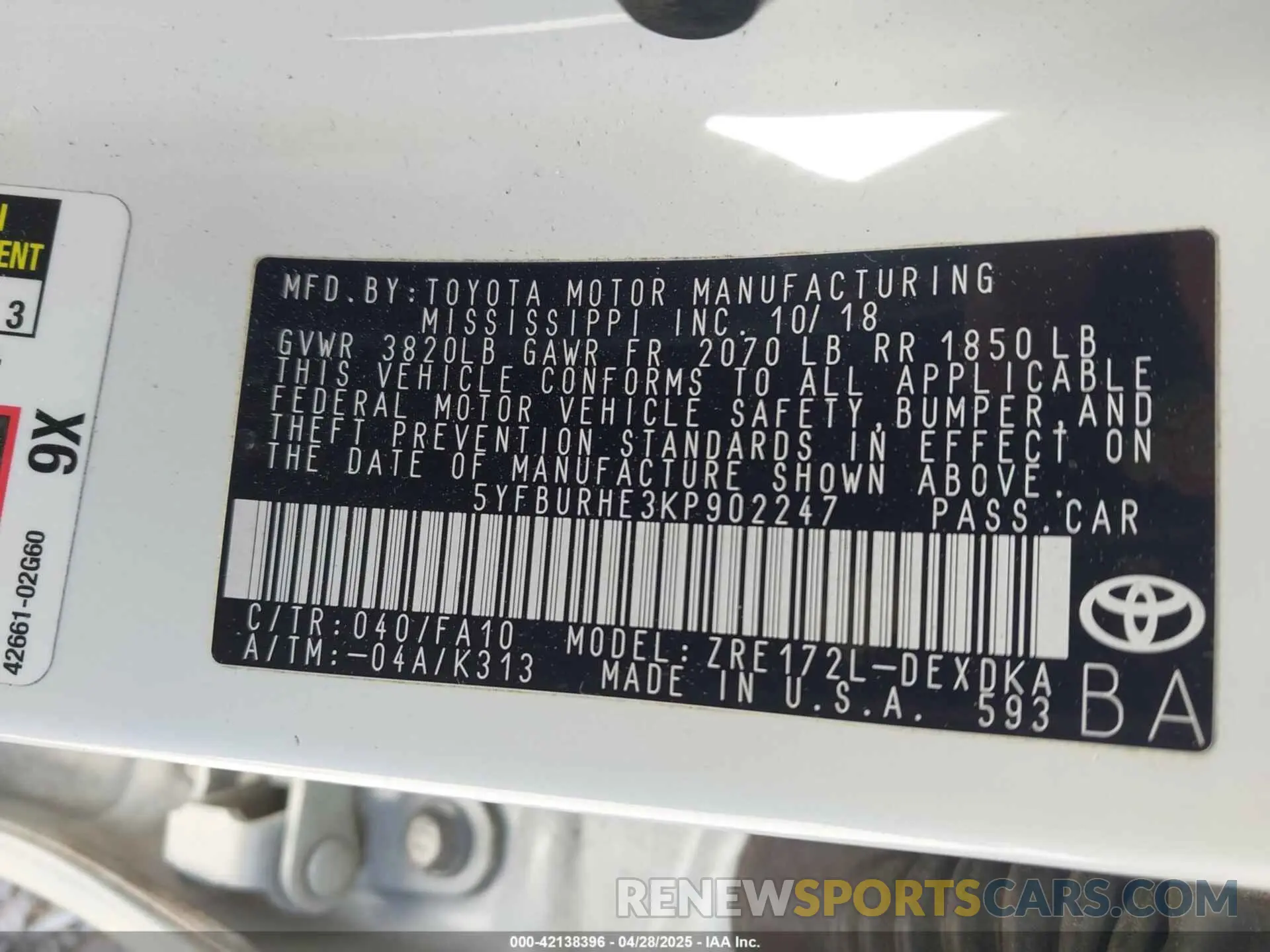 9 fotografías del automóvil dañado 5YFBURHE3KP902247 TOYOTA COROLLA 2019