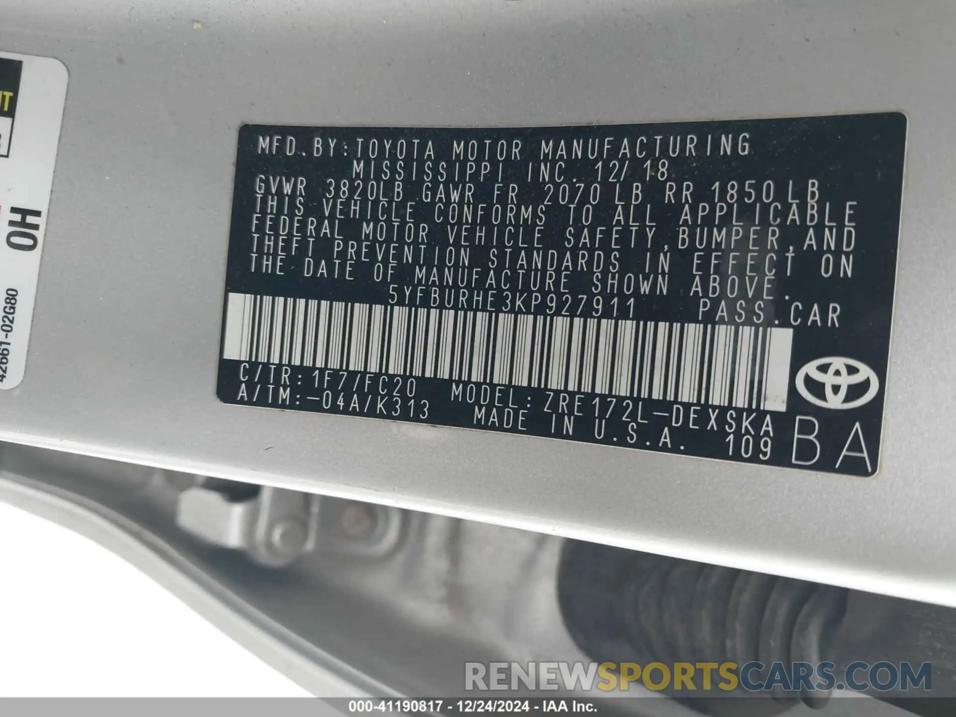 9 fotografías del automóvil dañado 5YFBURHE3KP927911 TOYOTA COROLLA 2019