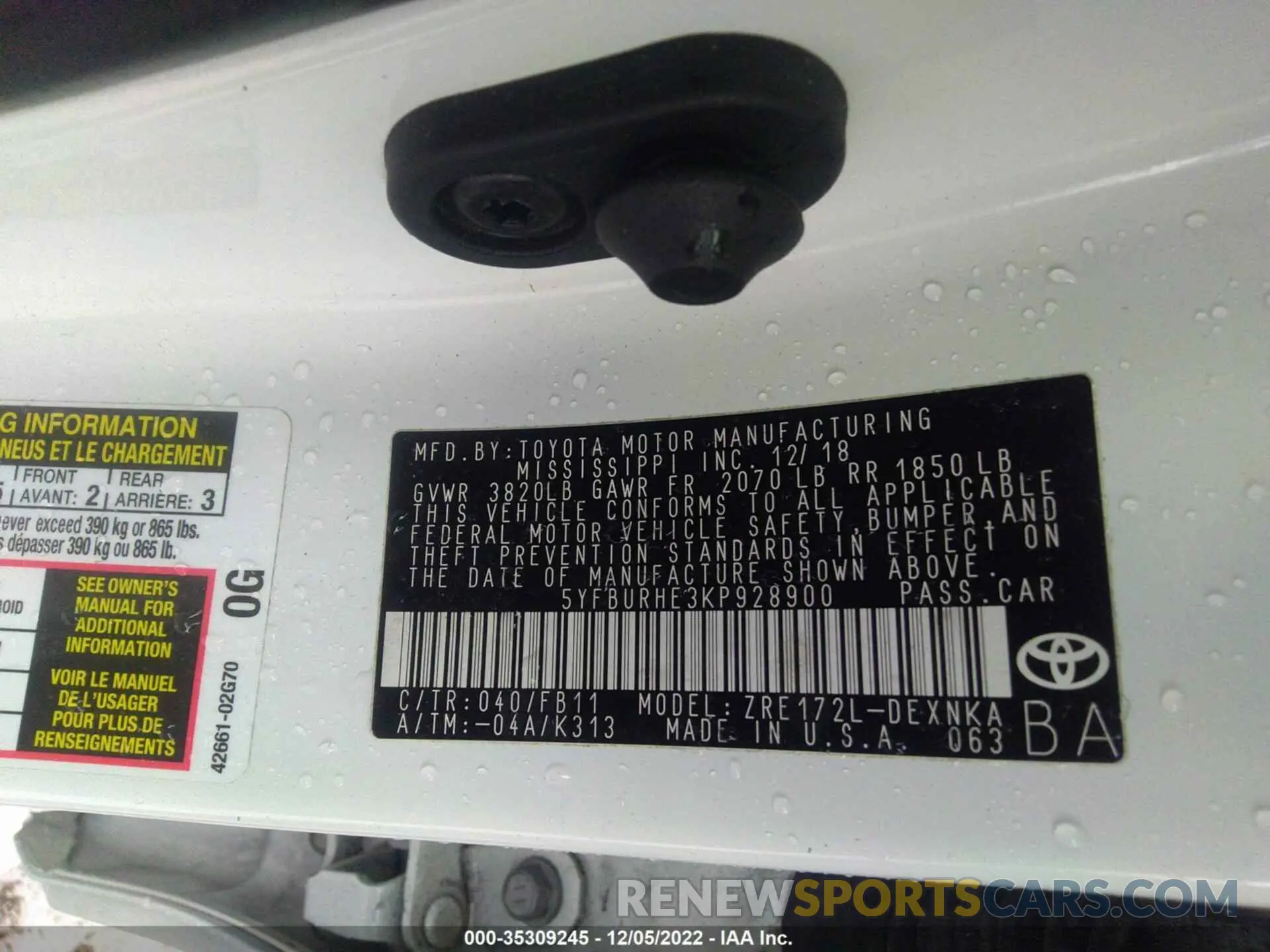 9 fotografías del automóvil dañado 5YFBURHE3KP928900 TOYOTA COROLLA 2019
