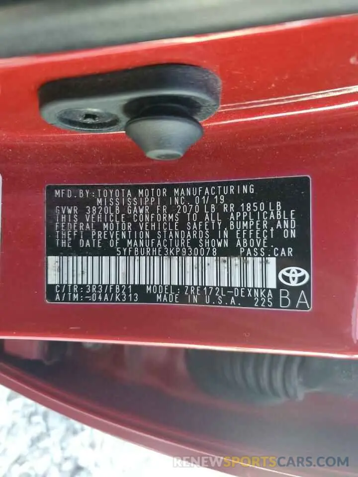 12 fotografías del automóvil dañado 5YFBURHE3KP930078 TOYOTA COROLLA 2019