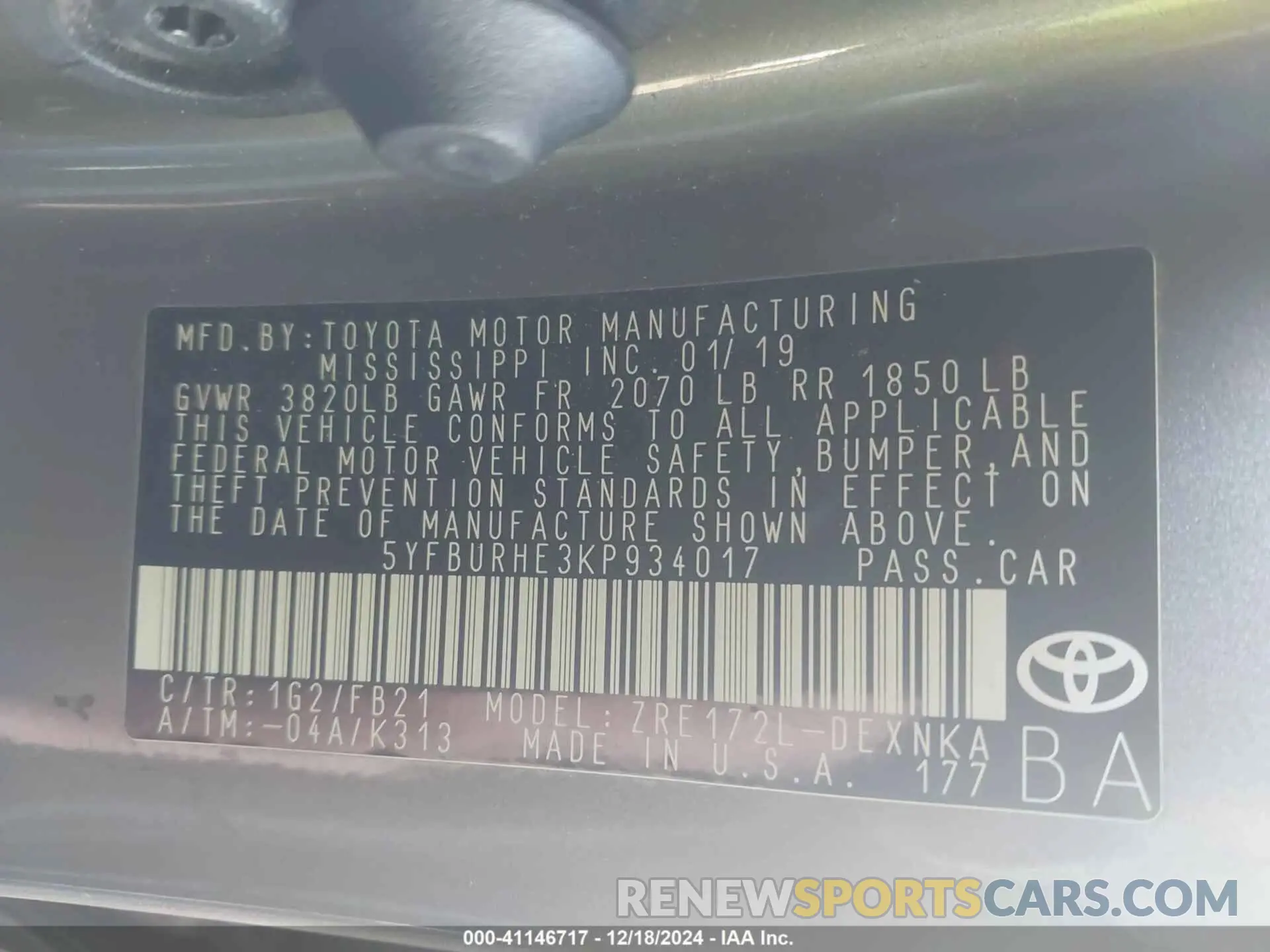 9 fotografías del automóvil dañado 5YFBURHE3KP934017 TOYOTA COROLLA 2019