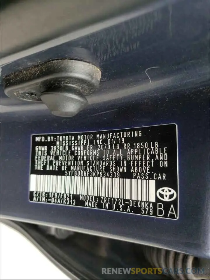 10 fotografías del automóvil dañado 5YFBURHE3KP934339 TOYOTA COROLLA 2019