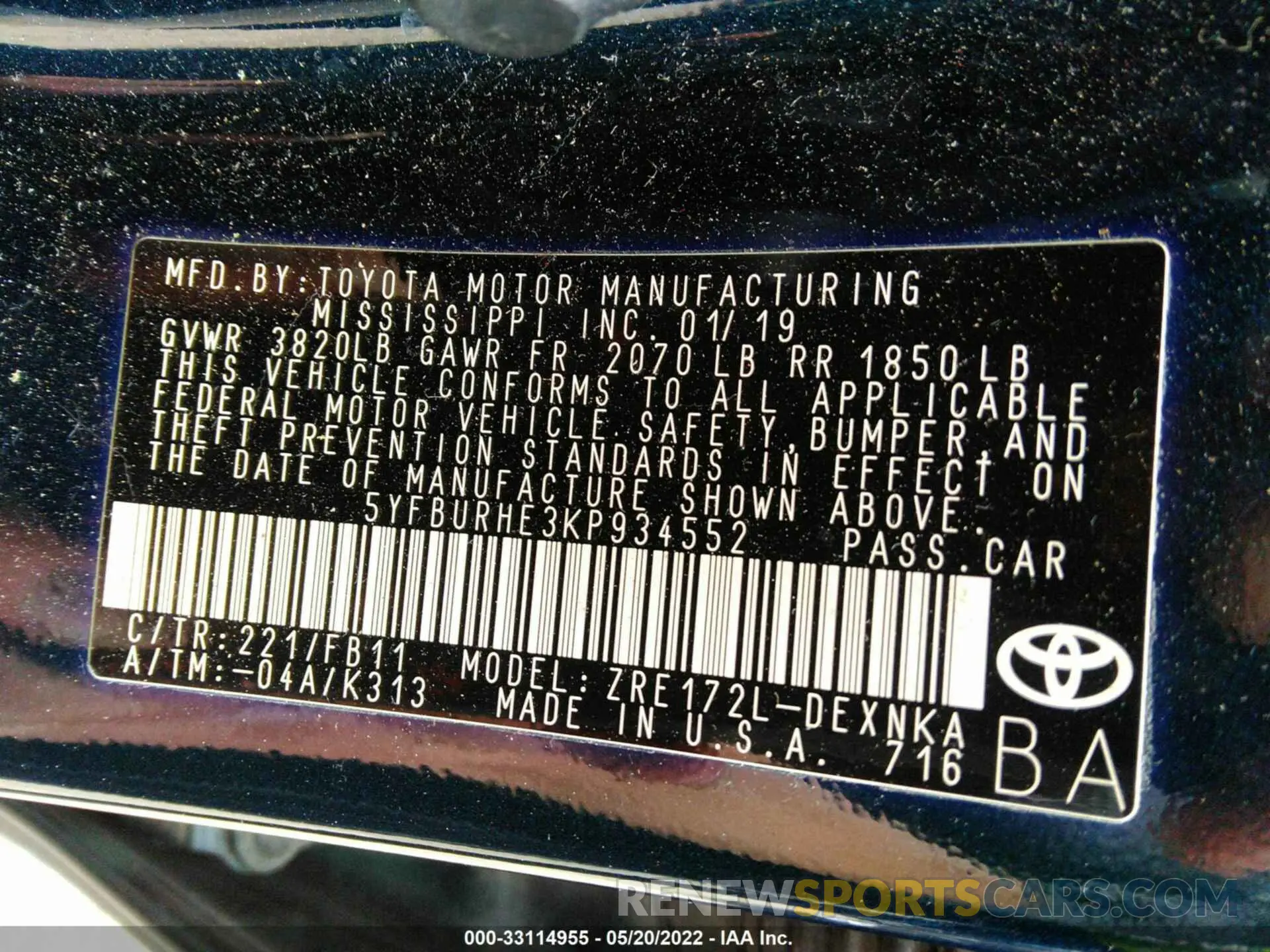9 fotografías del automóvil dañado 5YFBURHE3KP934552 TOYOTA COROLLA 2019