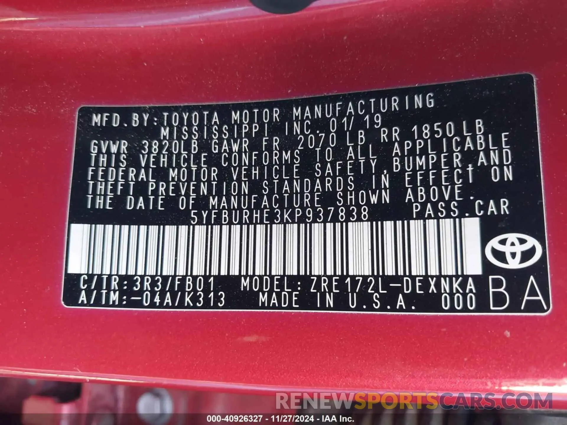 9 fotografías del automóvil dañado 5YFBURHE3KP937838 TOYOTA COROLLA 2019