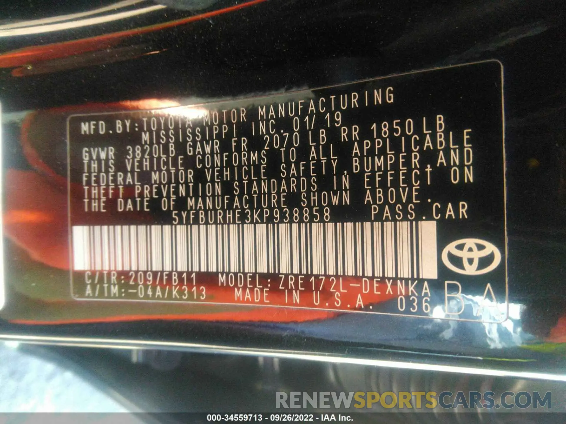 9 fotografías del automóvil dañado 5YFBURHE3KP938858 TOYOTA COROLLA 2019