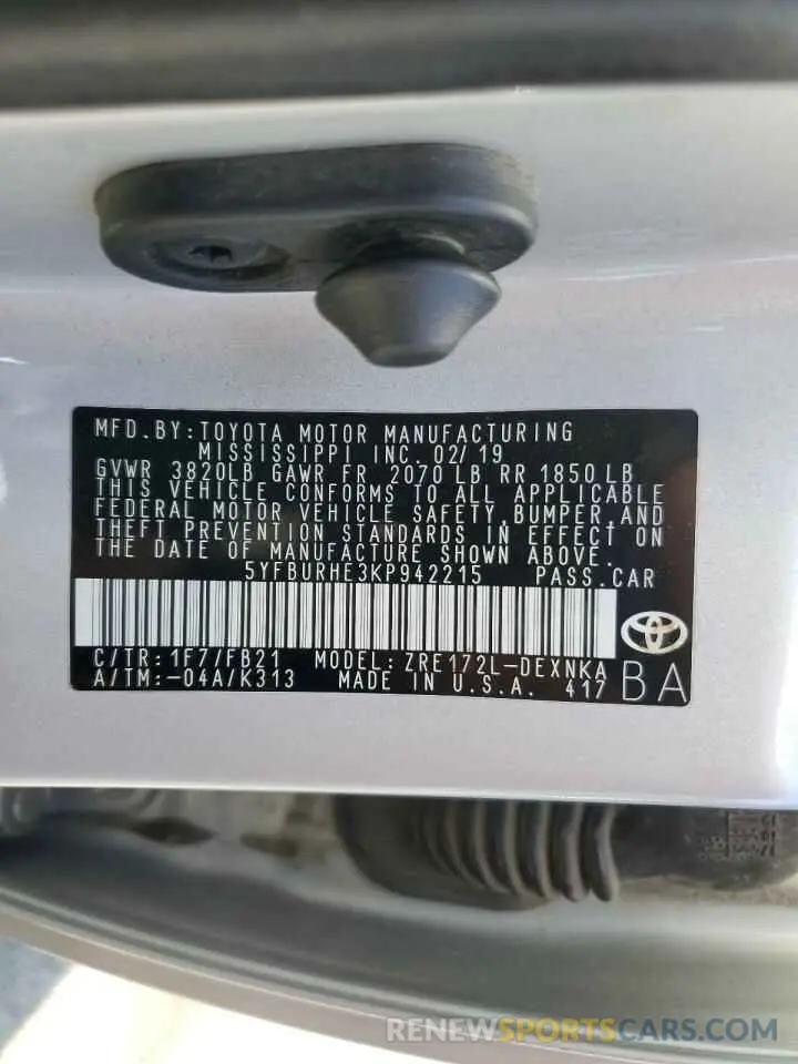 13 fotografías del automóvil dañado 5YFBURHE3KP942215 TOYOTA COROLLA 2019