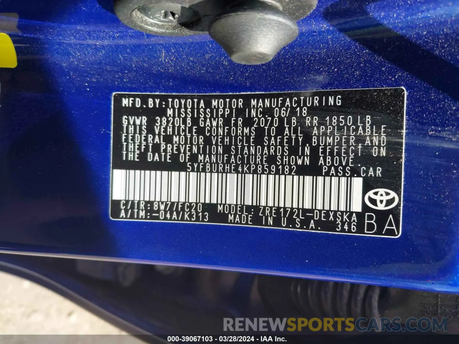 9 fotografías del automóvil dañado 5YFBURHE4KP859182 TOYOTA COROLLA 2019