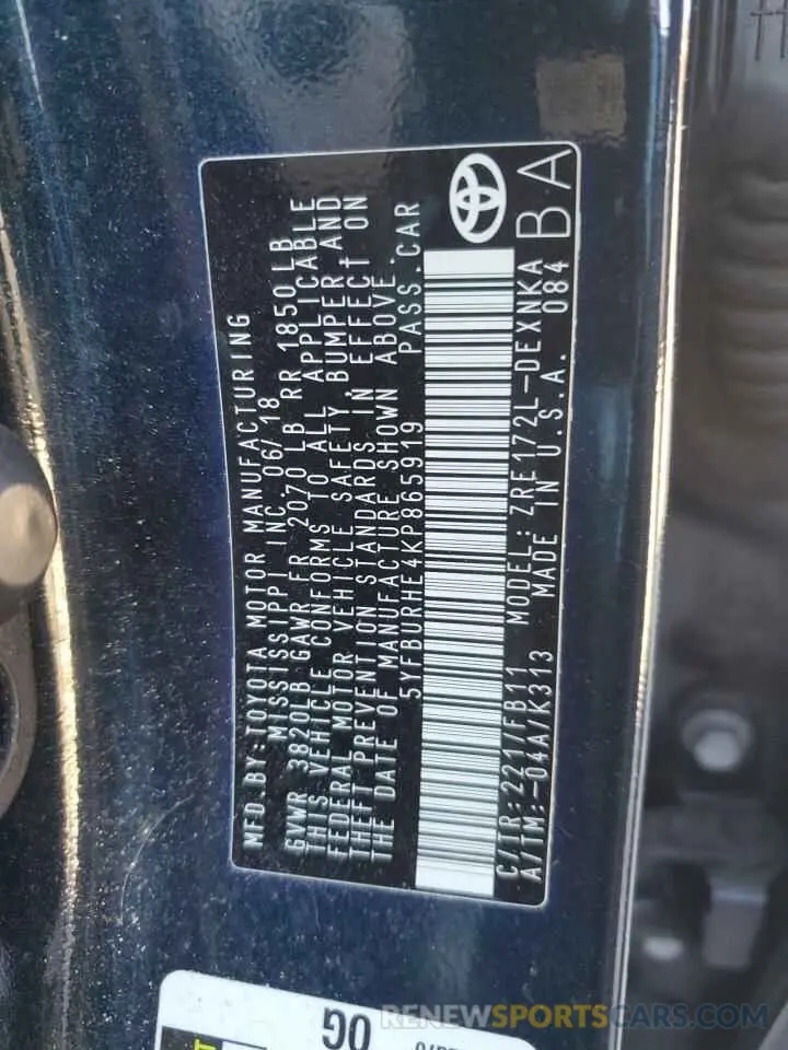 12 fotografías del automóvil dañado 5YFBURHE4KP865919 TOYOTA COROLLA 2019