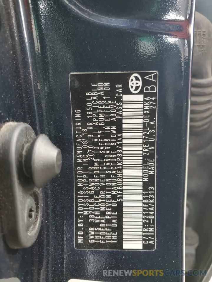 12 fotografías del automóvil dañado 5YFBURHE4KP887144 TOYOTA COROLLA 2019