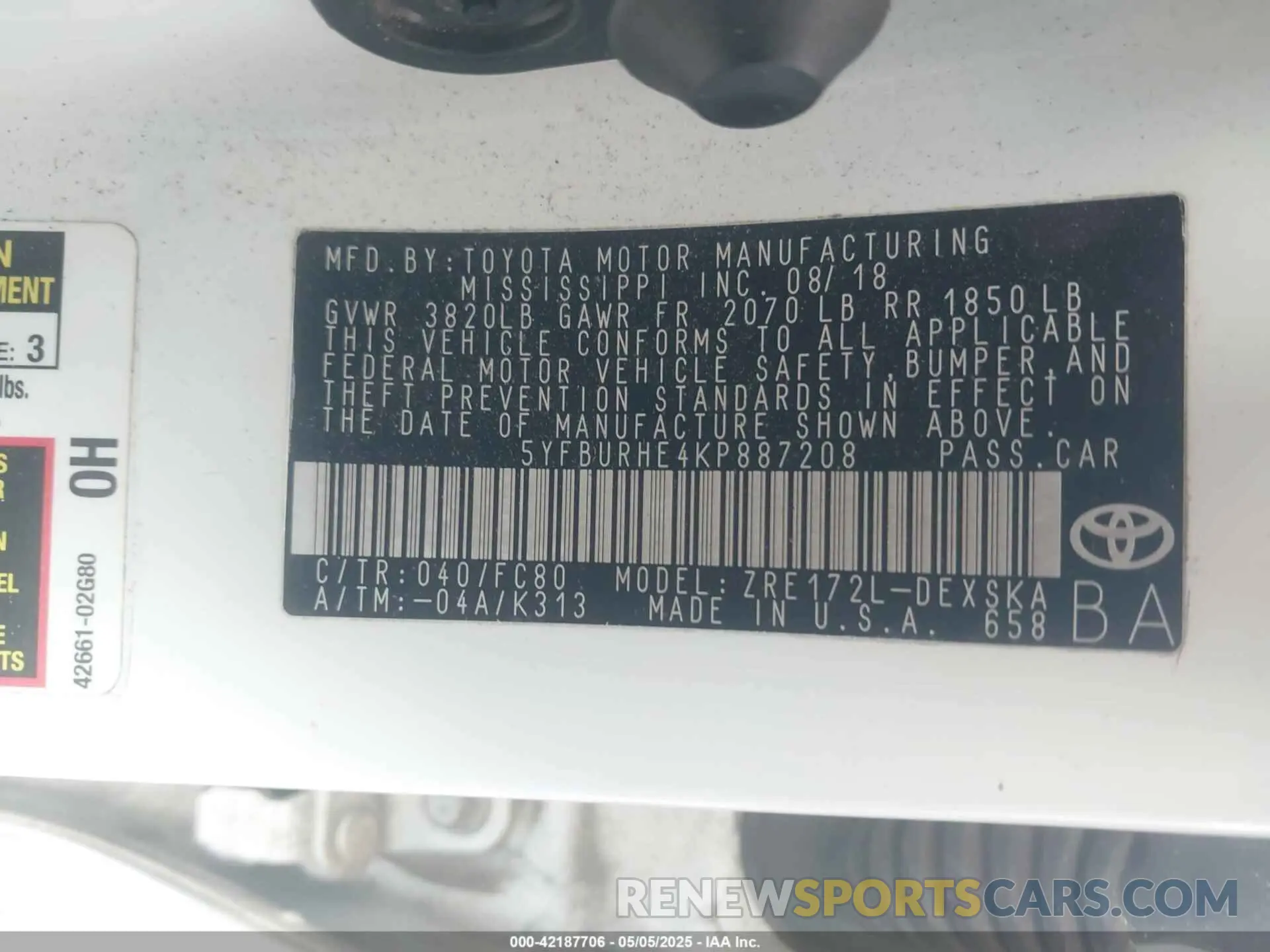 9 fotografías del automóvil dañado 5YFBURHE4KP887208 TOYOTA COROLLA 2019