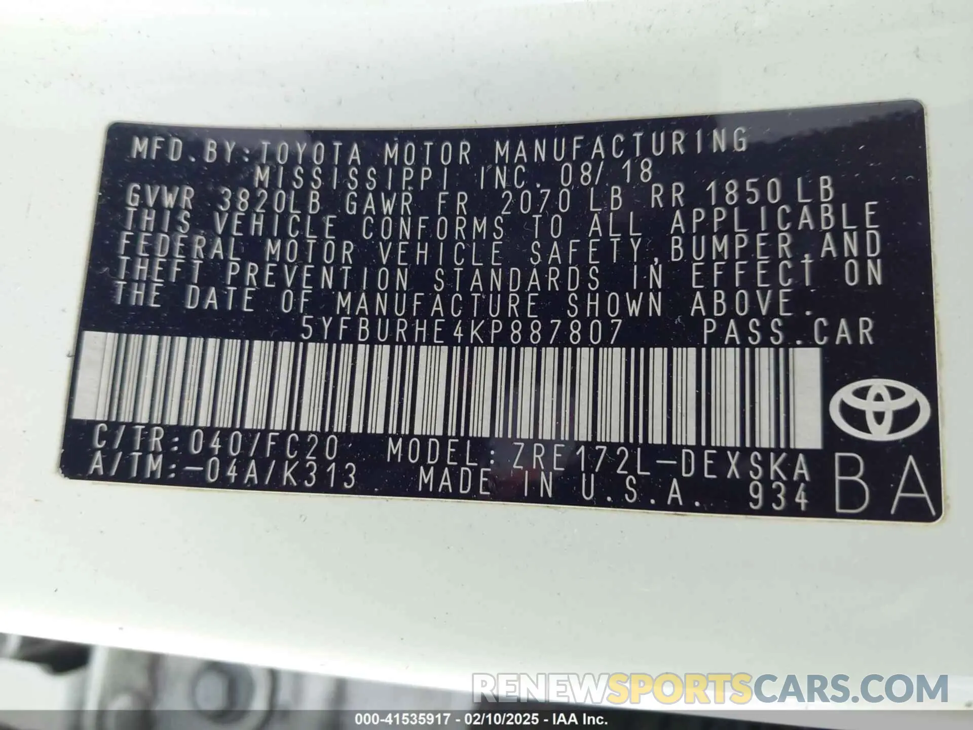 9 fotografías del automóvil dañado 5YFBURHE4KP887807 TOYOTA COROLLA 2019