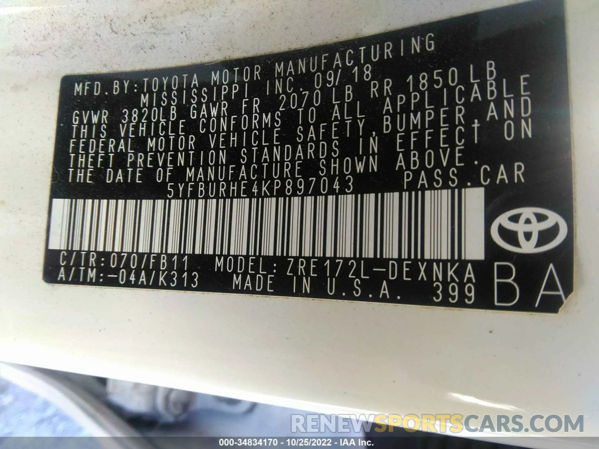 9 fotografías del automóvil dañado 5YFBURHE4KP897043 TOYOTA COROLLA 2019