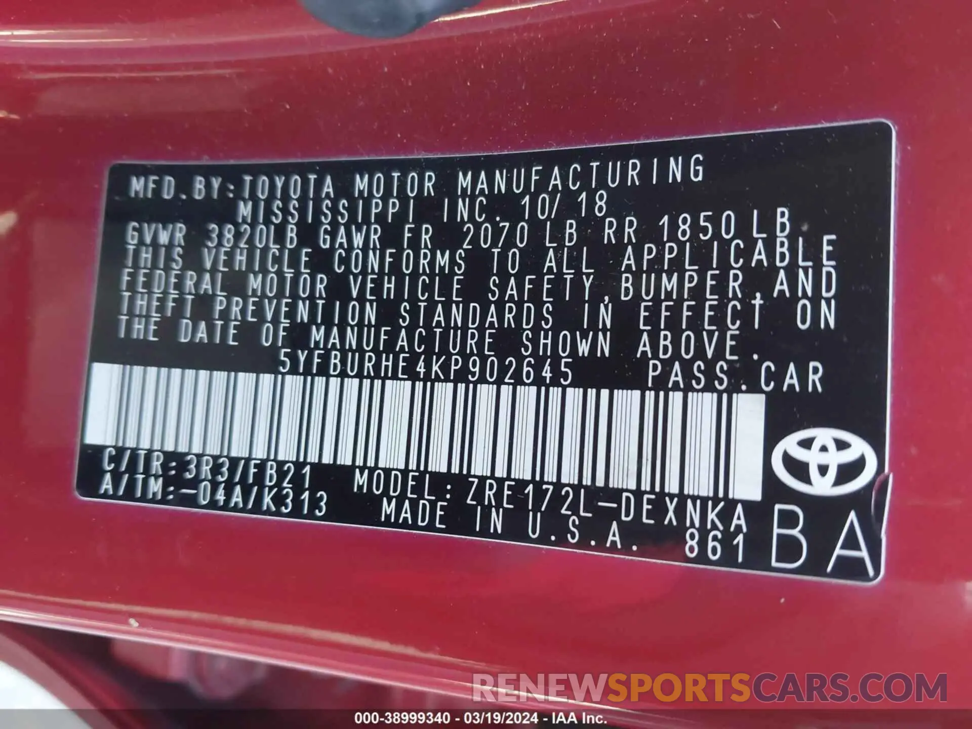 9 fotografías del automóvil dañado 5YFBURHE4KP902645 TOYOTA COROLLA 2019