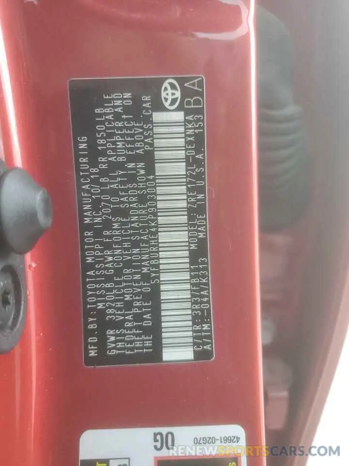 13 fotografías del automóvil dañado 5YFBURHE4KP903004 TOYOTA COROLLA 2019