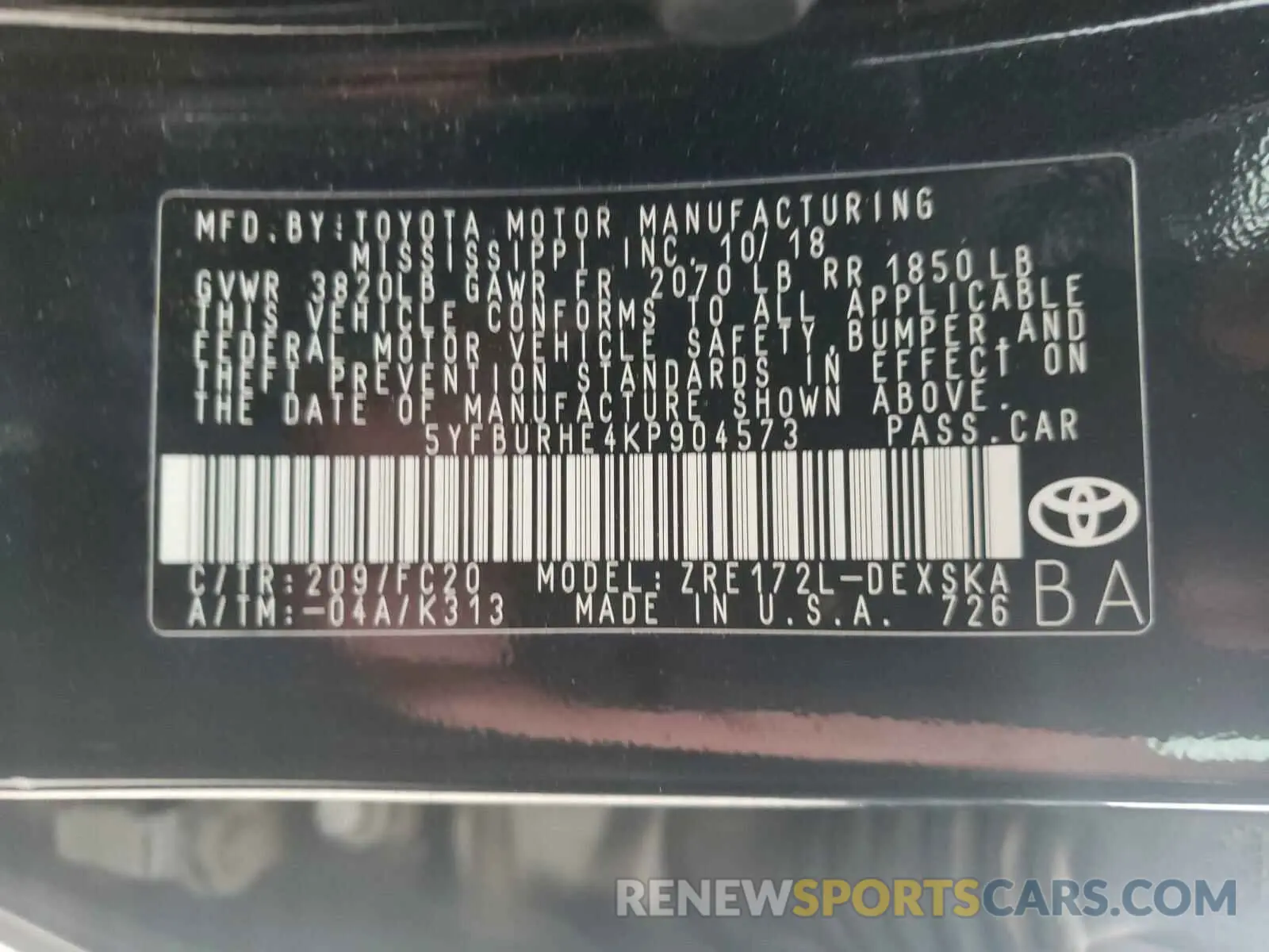 10 fotografías del automóvil dañado 5YFBURHE4KP904573 TOYOTA COROLLA 2019