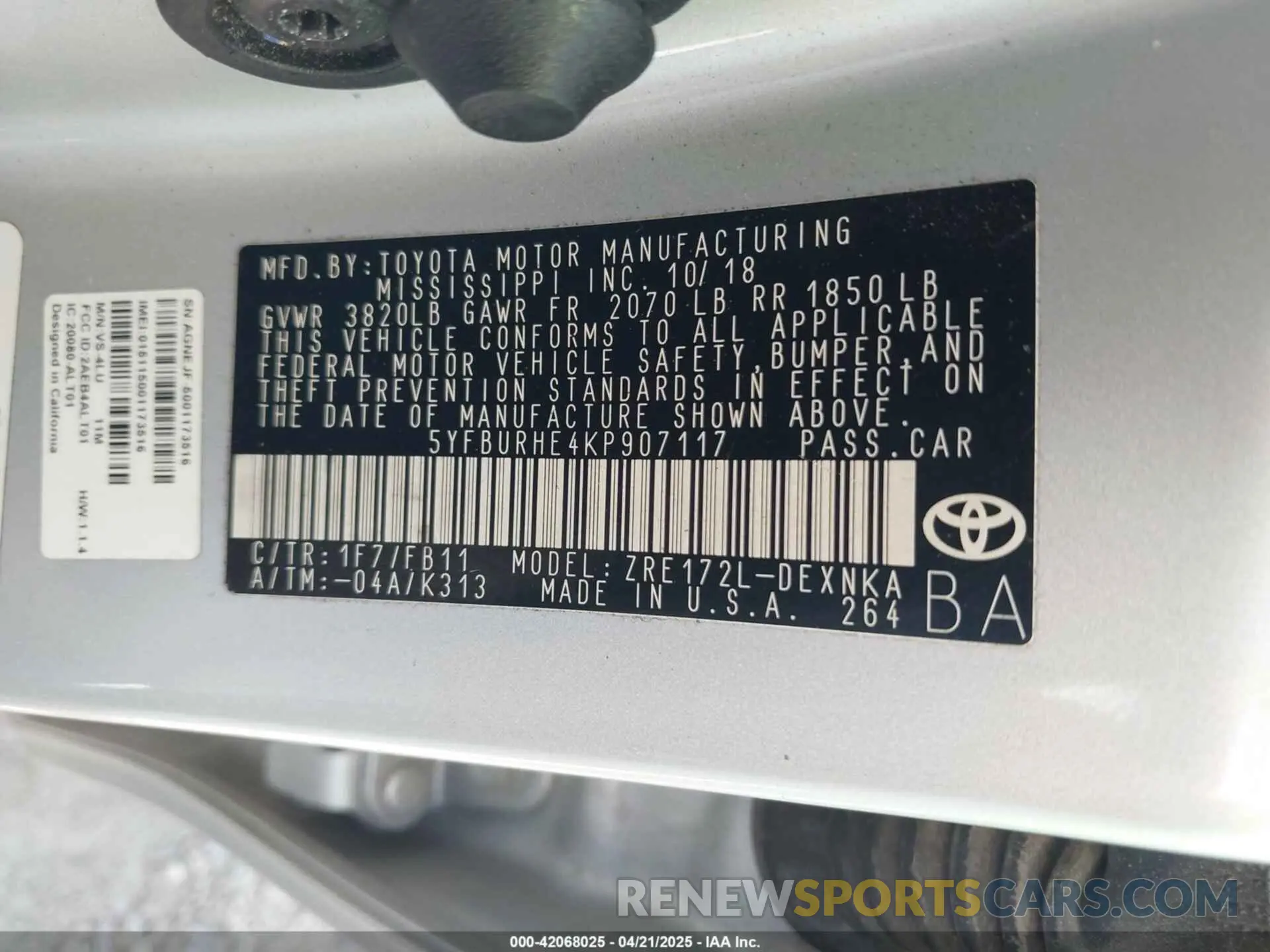 9 fotografías del automóvil dañado 5YFBURHE4KP907117 TOYOTA COROLLA 2019