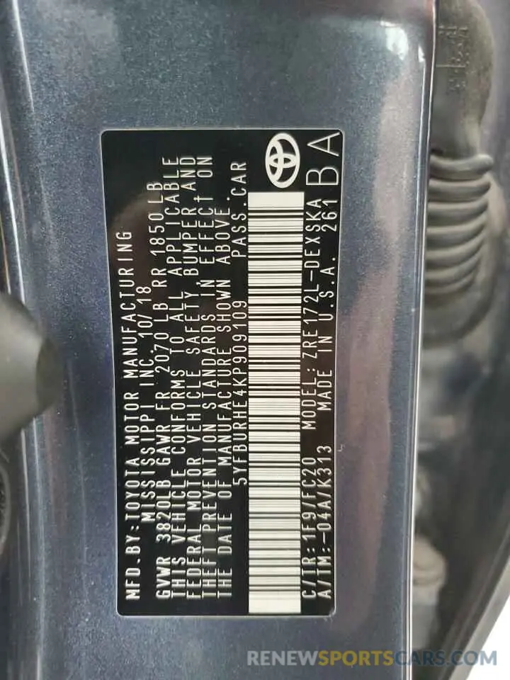 12 fotografías del automóvil dañado 5YFBURHE4KP909109 TOYOTA COROLLA 2019
