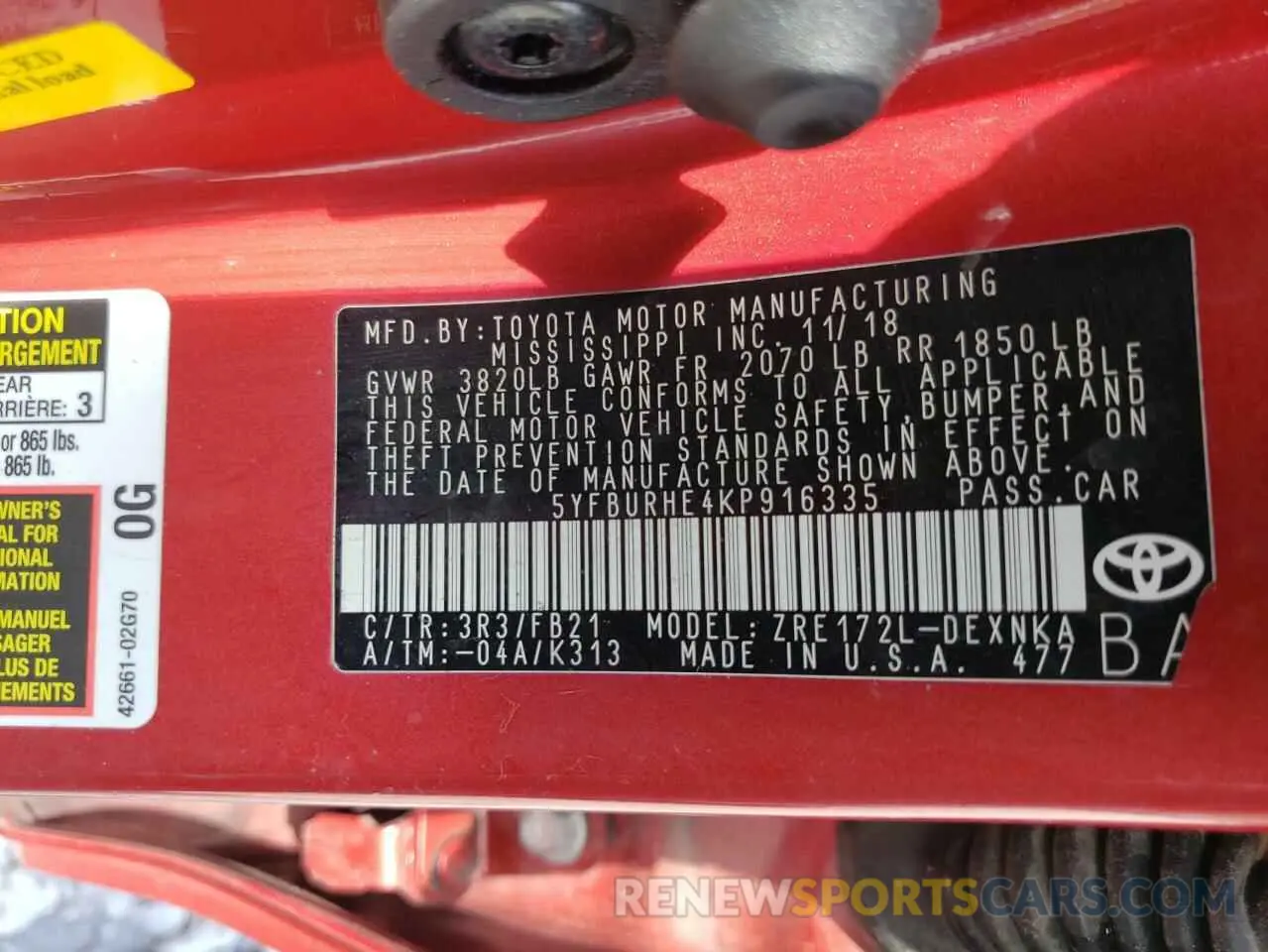 10 fotografías del automóvil dañado 5YFBURHE4KP916335 TOYOTA COROLLA 2019