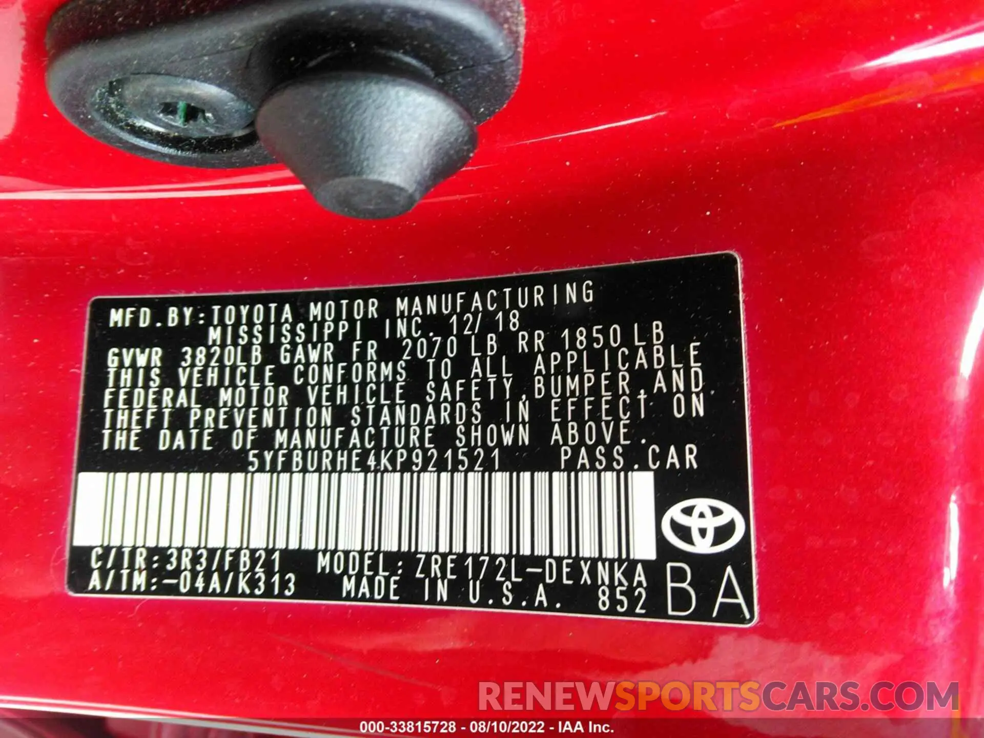 9 fotografías del automóvil dañado 5YFBURHE4KP921521 TOYOTA COROLLA 2019