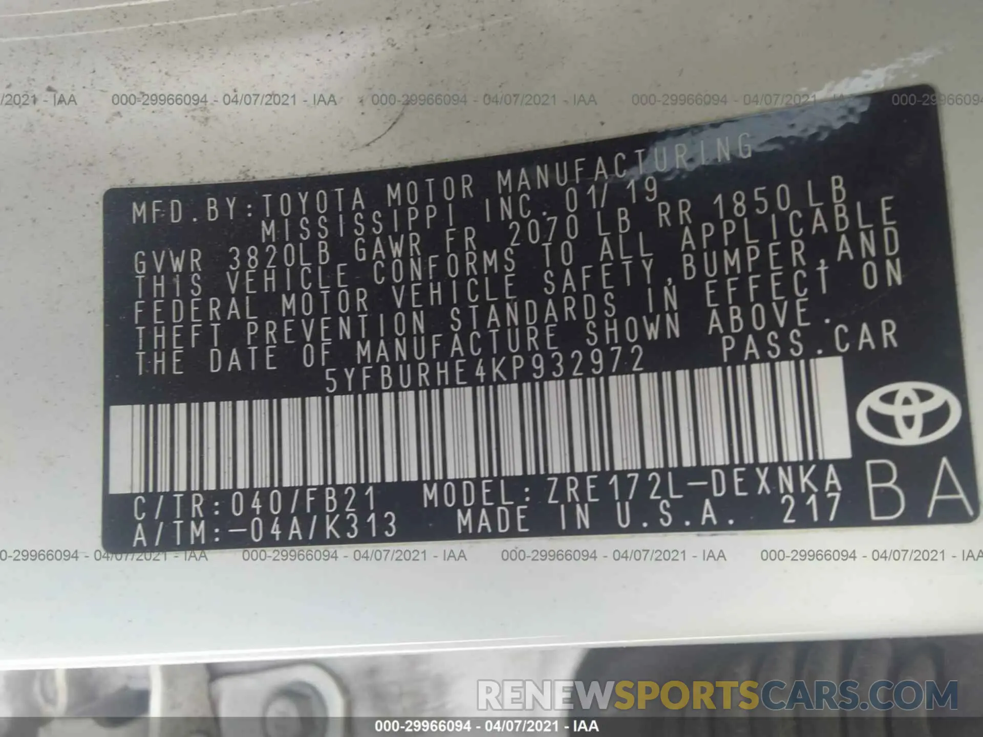 9 fotografías del automóvil dañado 5YFBURHE4KP932972 TOYOTA COROLLA 2019