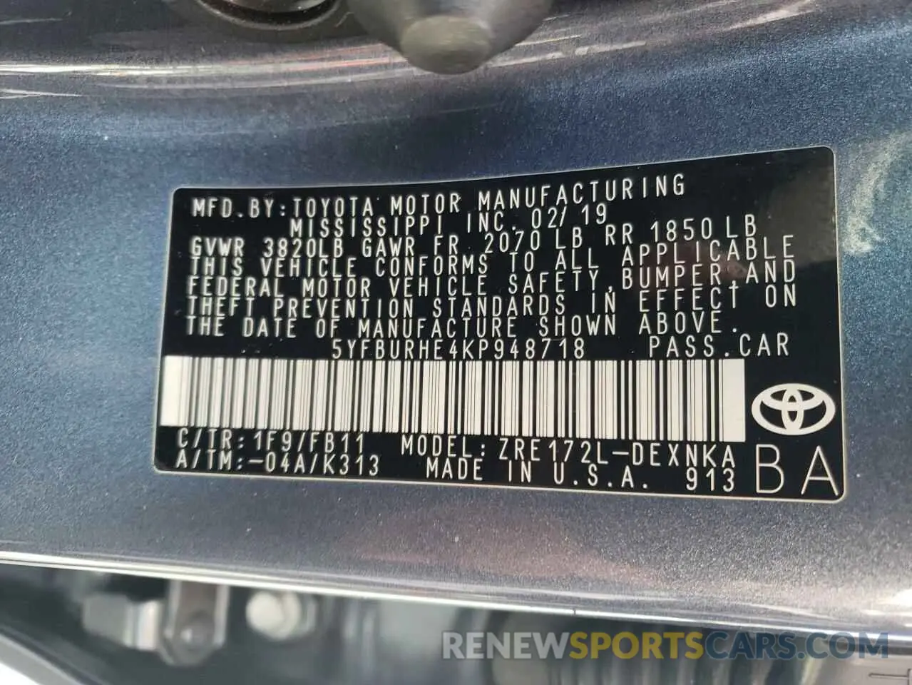 10 fotografías del automóvil dañado 5YFBURHE4KP948718 TOYOTA COROLLA 2019