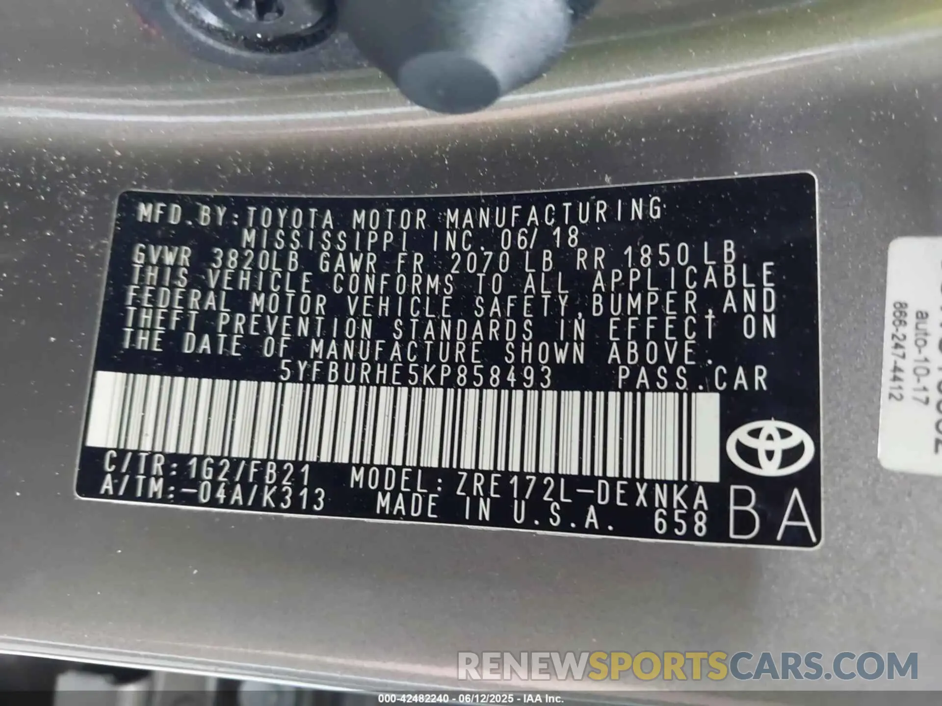 9 fotografías del automóvil dañado 5YFBURHE5KP858493 TOYOTA COROLLA 2019