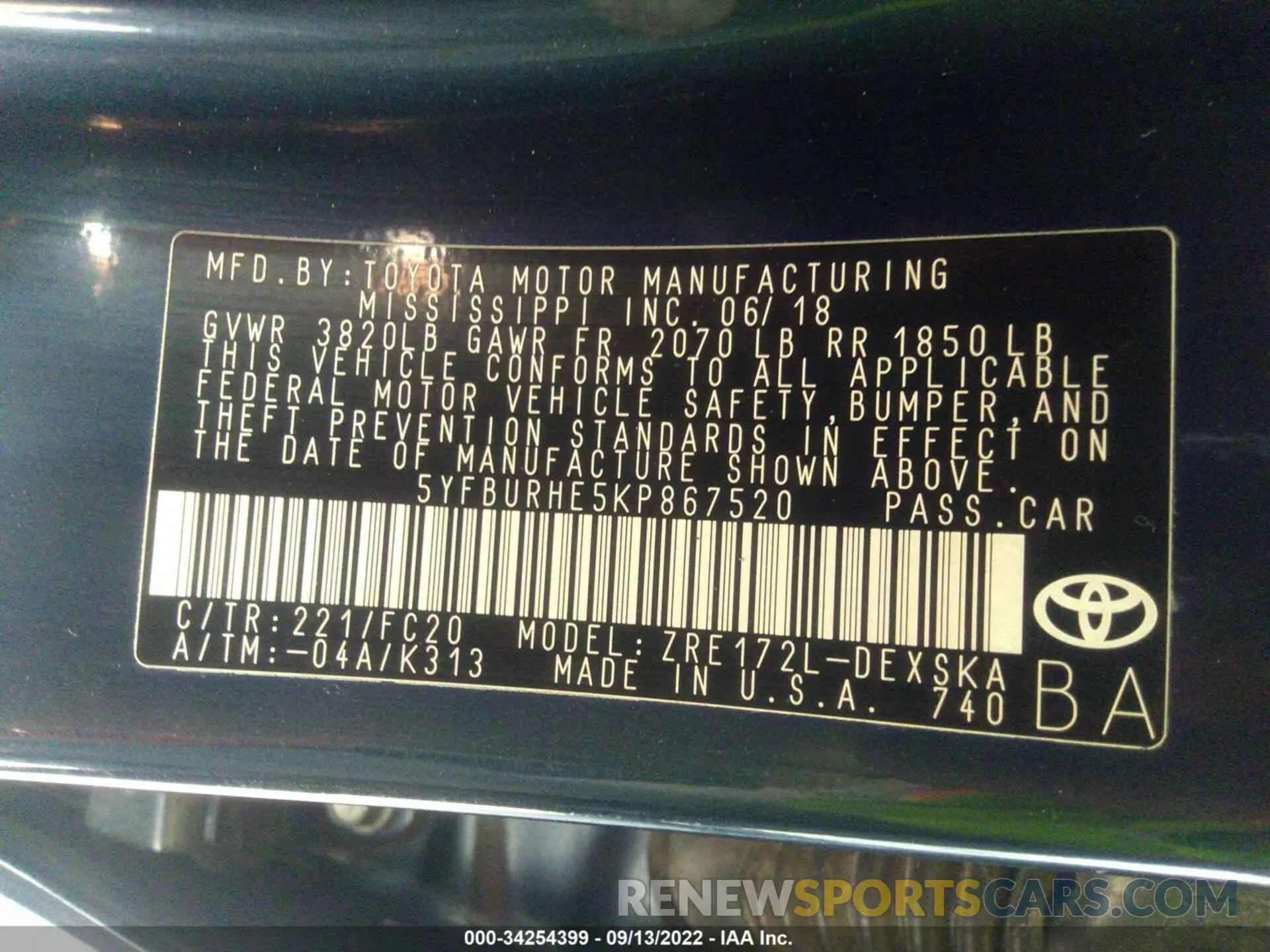9 fotografías del automóvil dañado 5YFBURHE5KP867520 TOYOTA COROLLA 2019