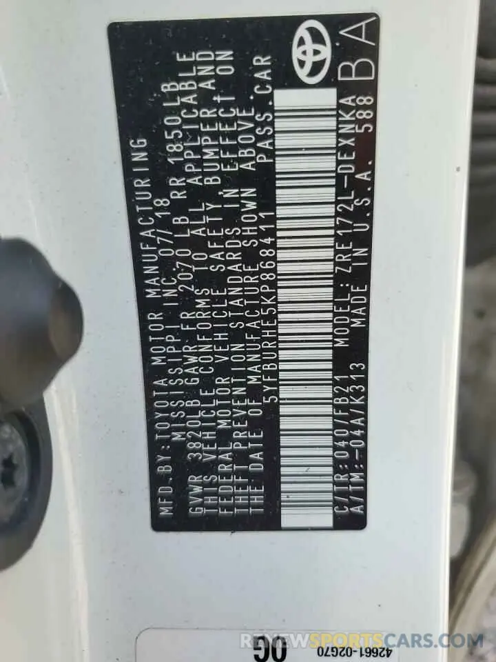 15 fotografías del automóvil dañado 5YFBURHE5KP868411 TOYOTA COROLLA 2019