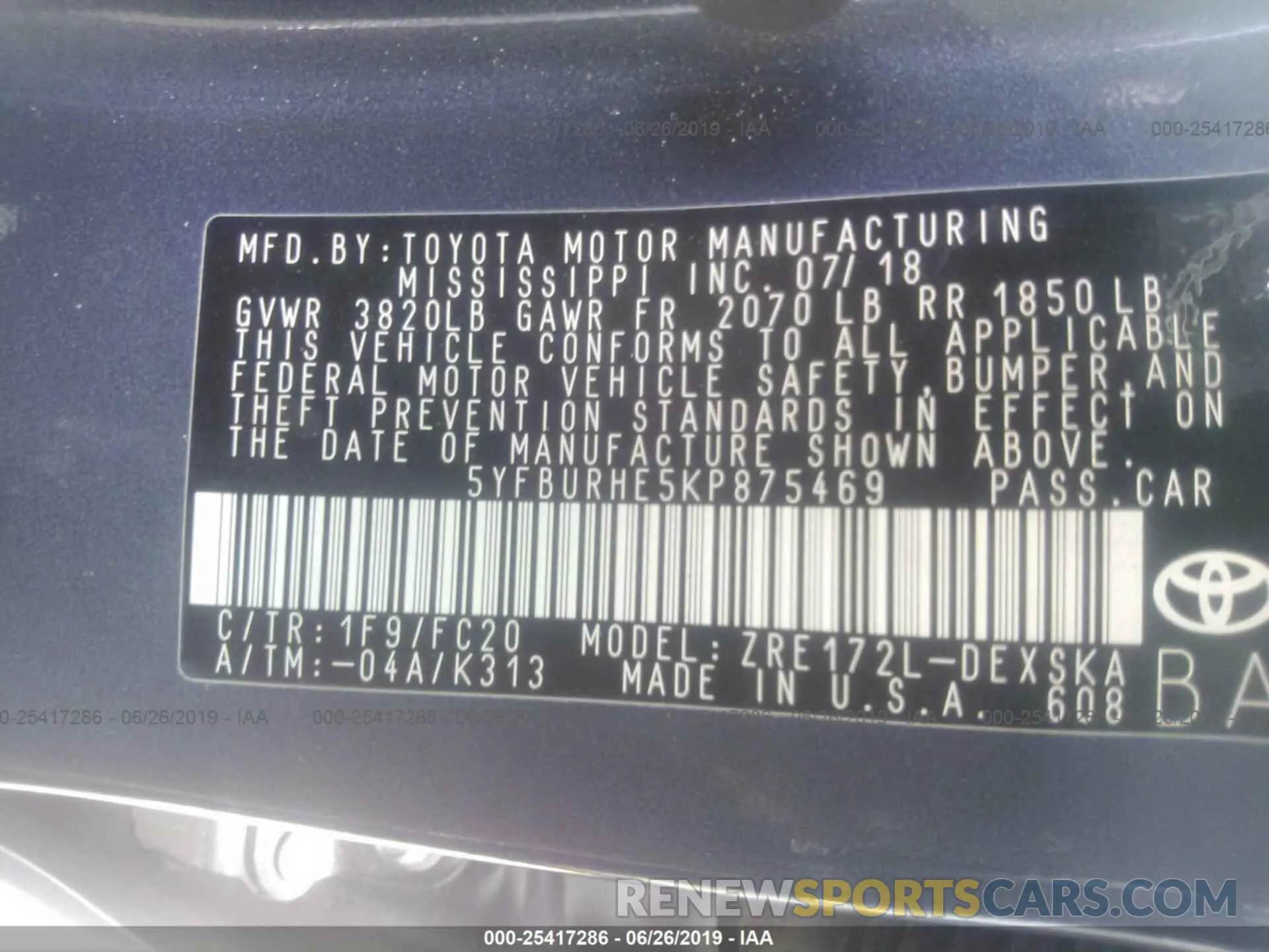 9 fotografías del automóvil dañado 5YFBURHE5KP875469 TOYOTA COROLLA 2019