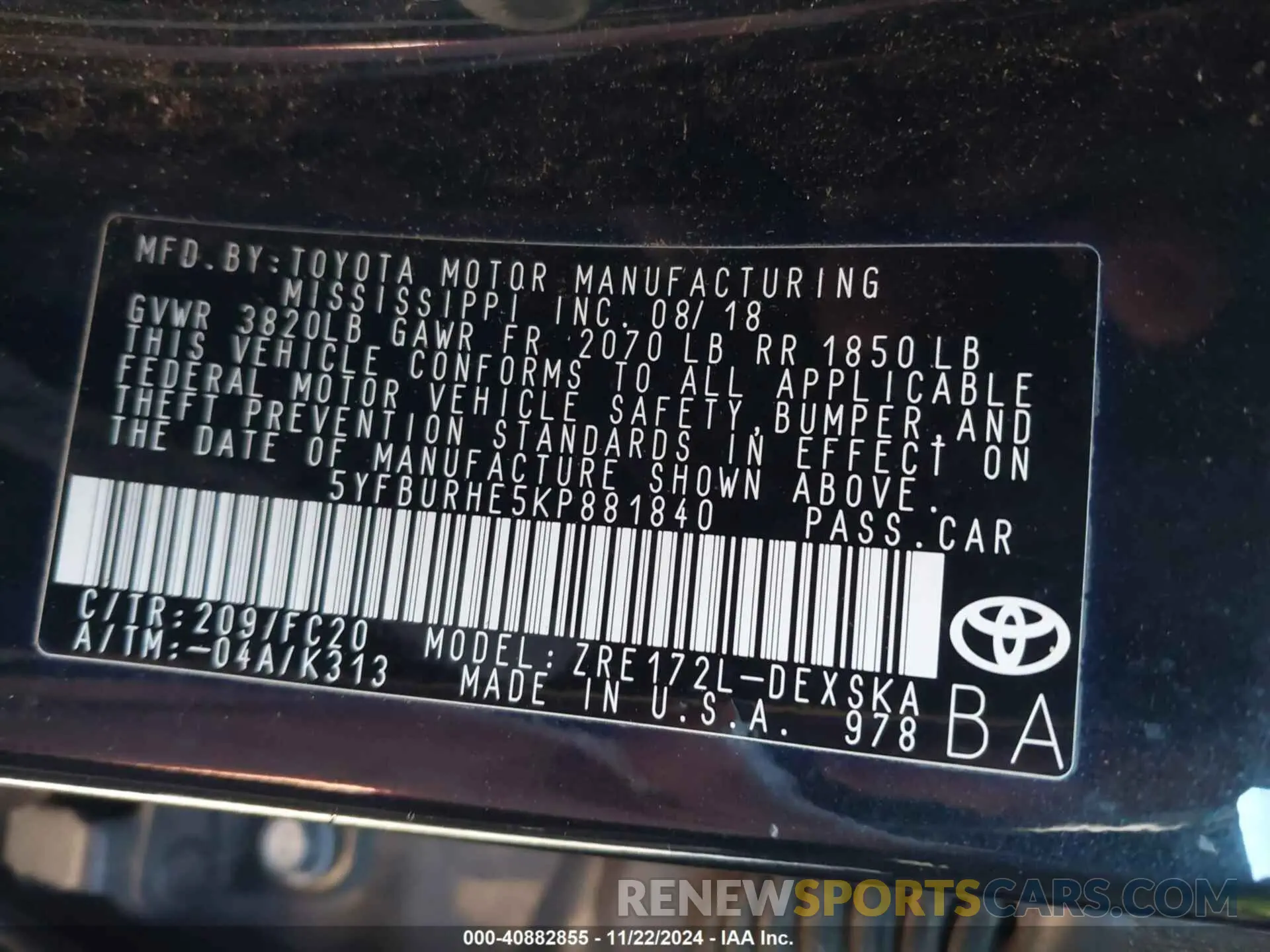 9 fotografías del automóvil dañado 5YFBURHE5KP881840 TOYOTA COROLLA 2019