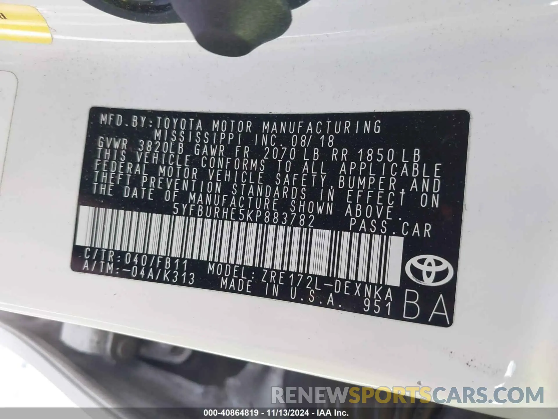 9 fotografías del automóvil dañado 5YFBURHE5KP883782 TOYOTA COROLLA 2019