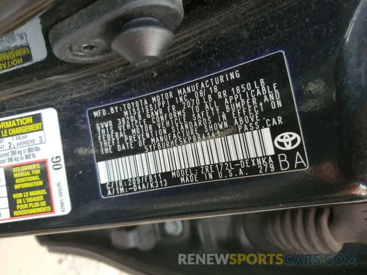 12 fotografías del automóvil dañado 5YFBURHE5KP884141 TOYOTA COROLLA 2019