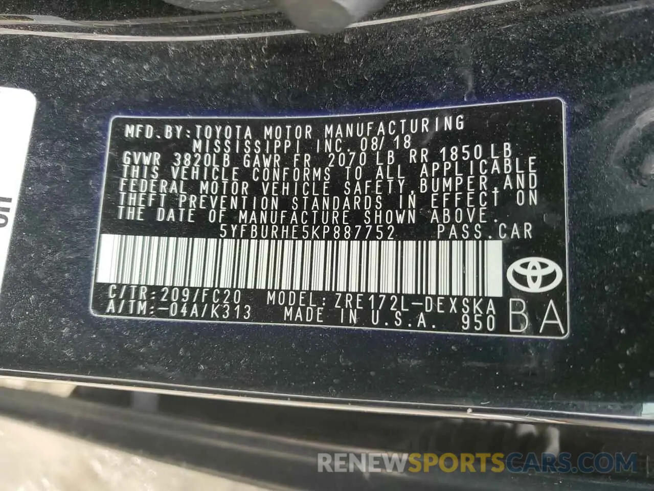 15 fotografías del automóvil dañado 5YFBURHE5KP887752 TOYOTA COROLLA 2019