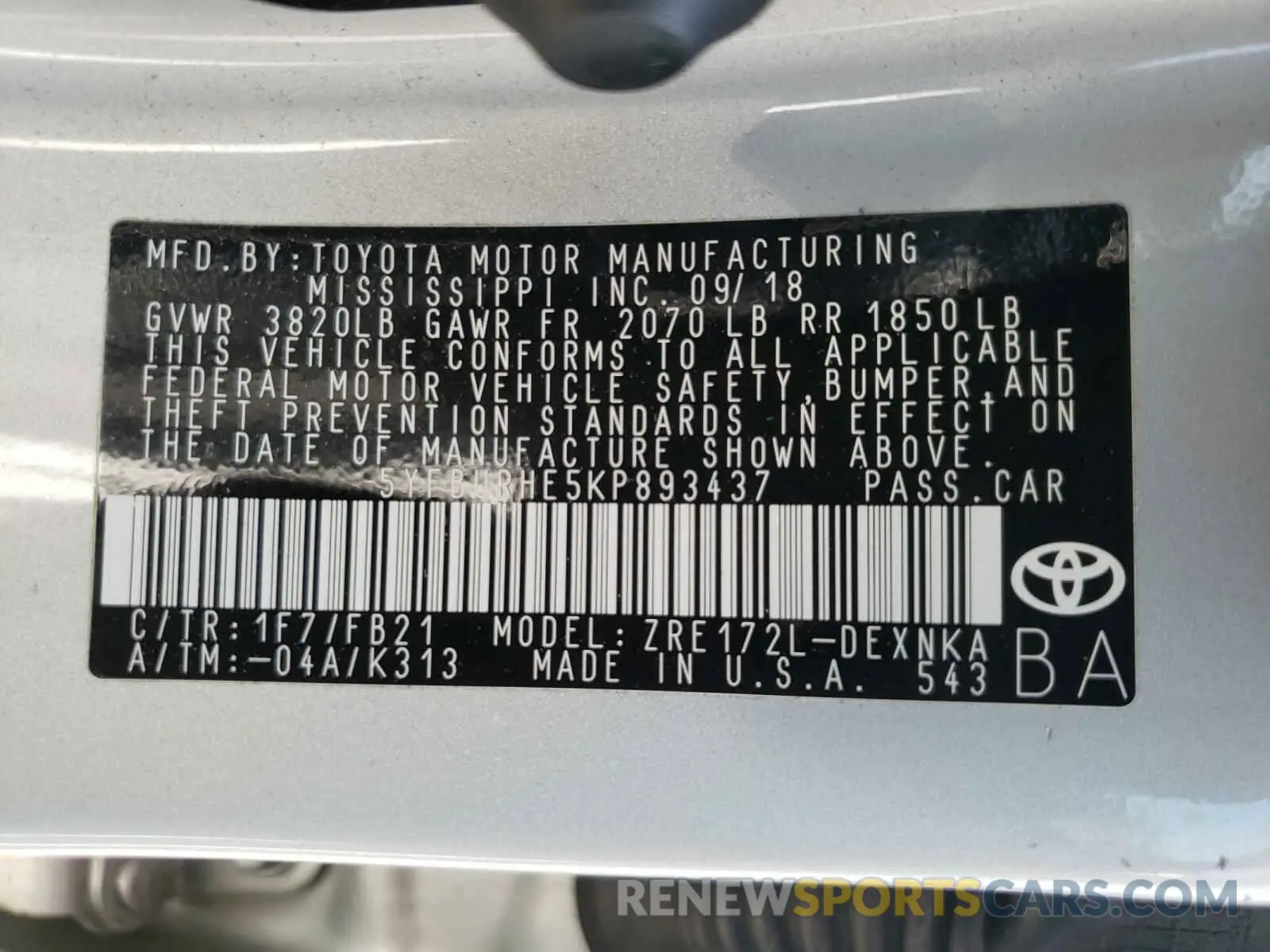 10 fotografías del automóvil dañado 5YFBURHE5KP893437 TOYOTA COROLLA 2019