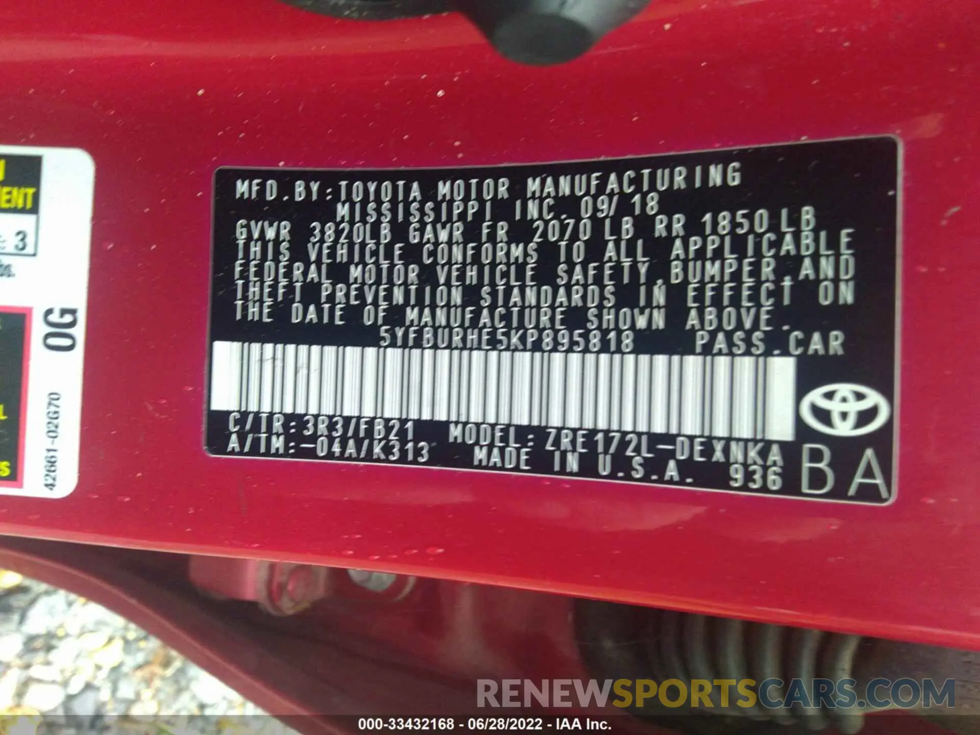 9 fotografías del automóvil dañado 5YFBURHE5KP895818 TOYOTA COROLLA 2019