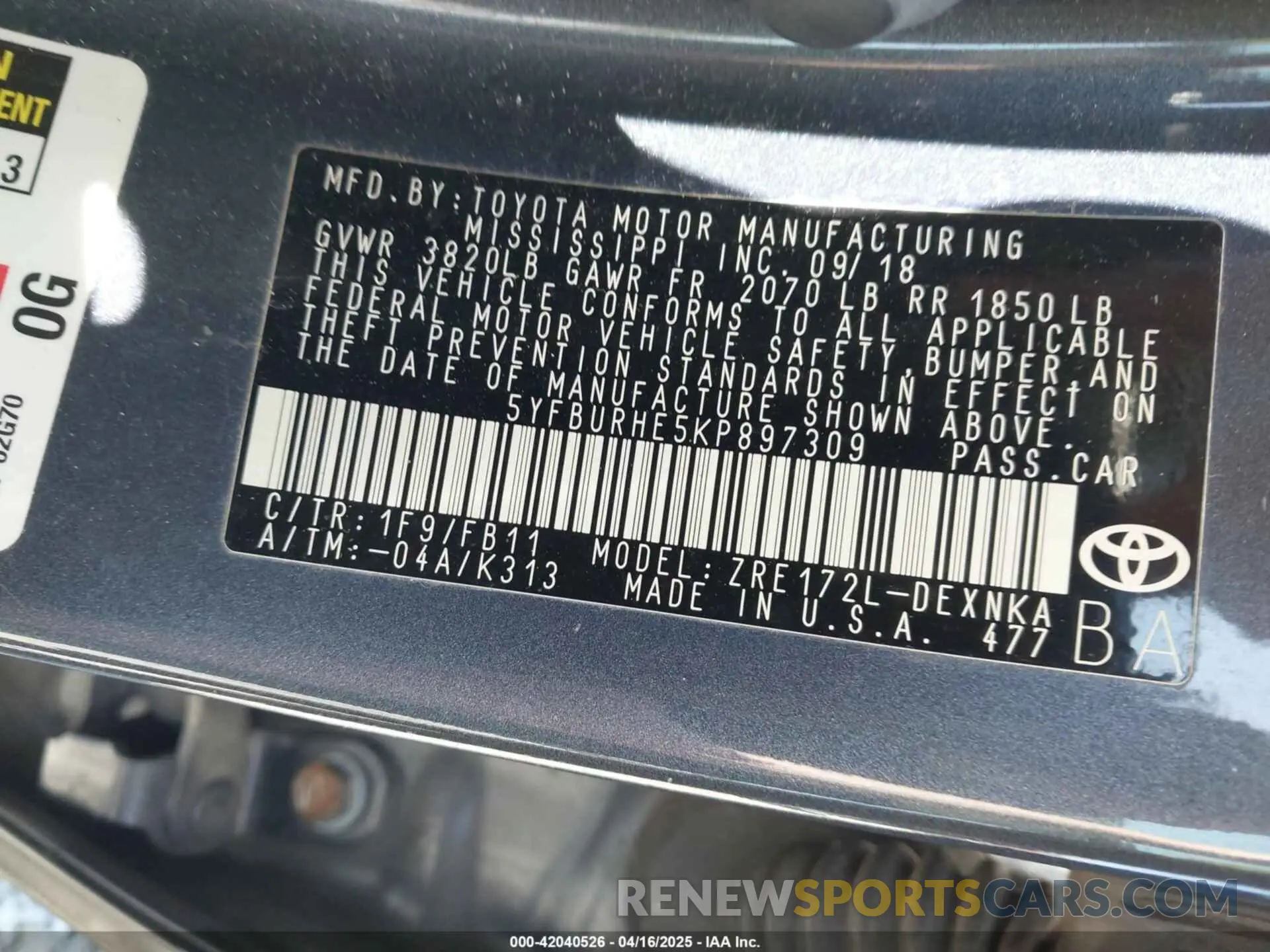 9 fotografías del automóvil dañado 5YFBURHE5KP897309 TOYOTA COROLLA 2019