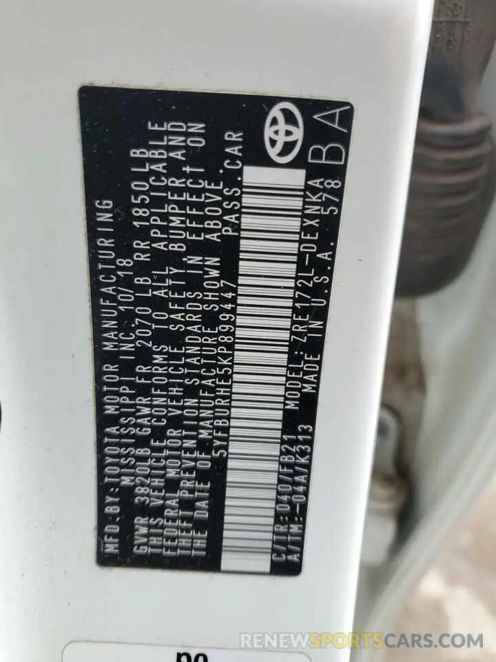 13 fotografías del automóvil dañado 5YFBURHE5KP899447 TOYOTA COROLLA 2019